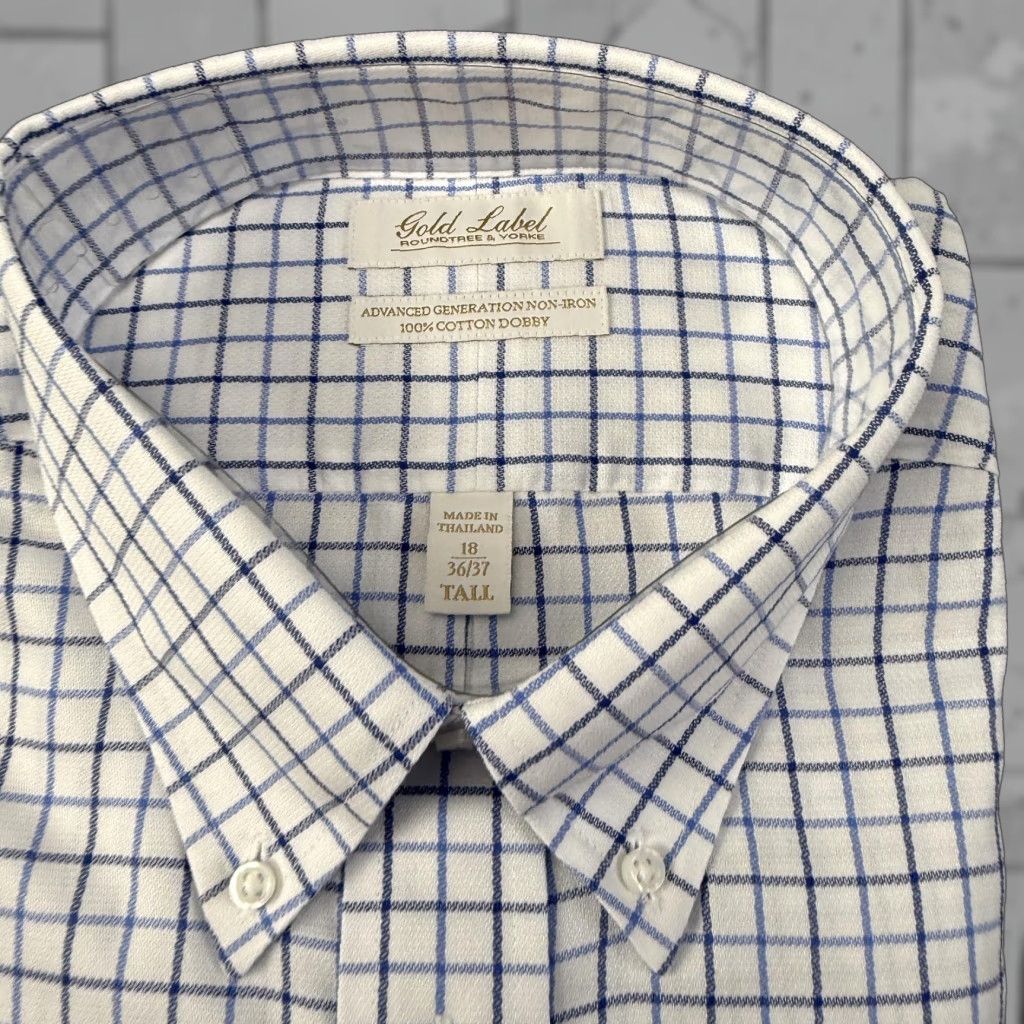 Roundtree & Yorke Dress Shirt Mens 18 36/37 Tall White Blue Check Long  Sleeve Button-