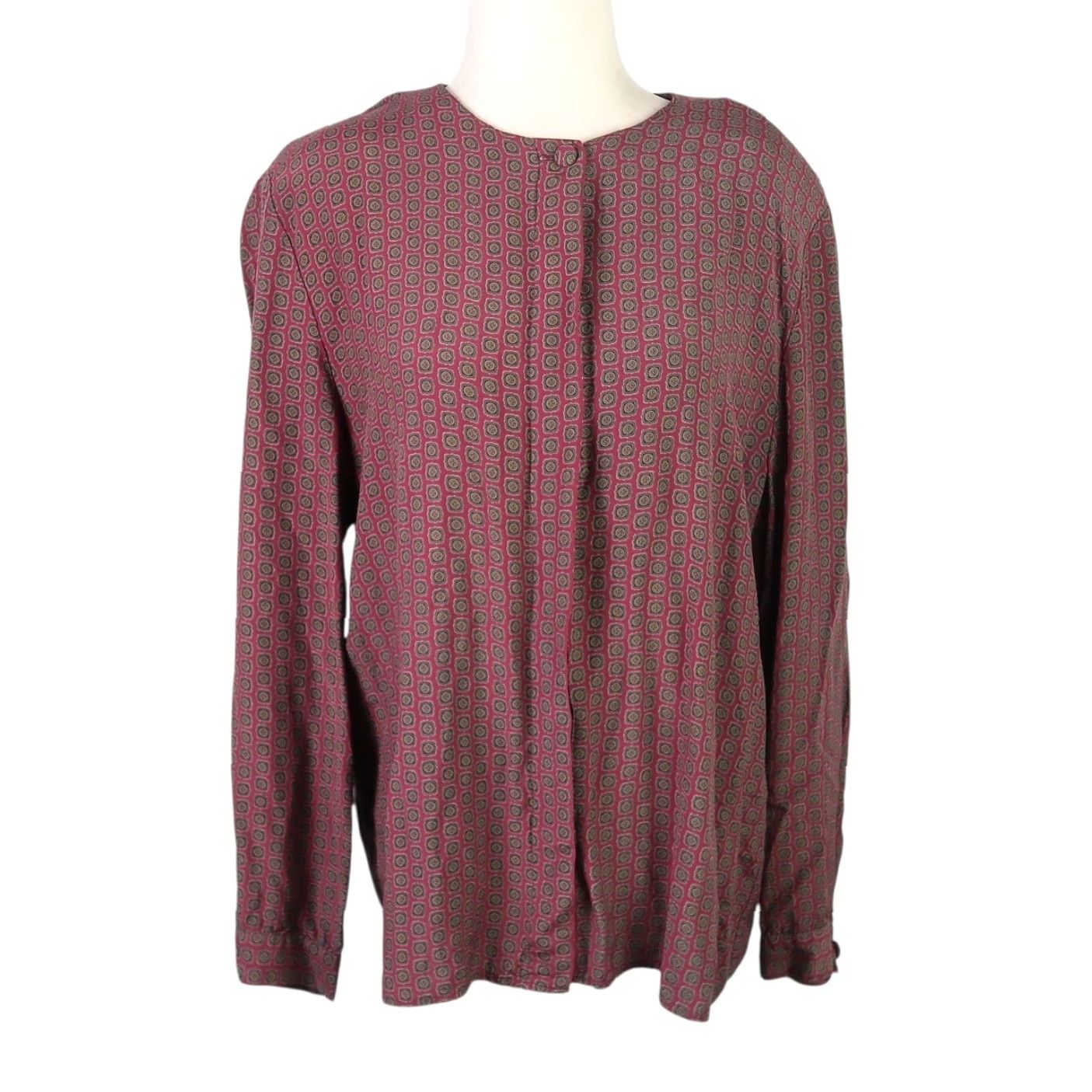 Brooks Brothers VINTAGE Brooks Brothers Blouse Geometric Scarf Print Burgundy Red 90s 16 Women Long Sleeve Button Front Rayon Plus Size Size XXL / US 16-18 / IT 52-54 - 2 Thumbnail