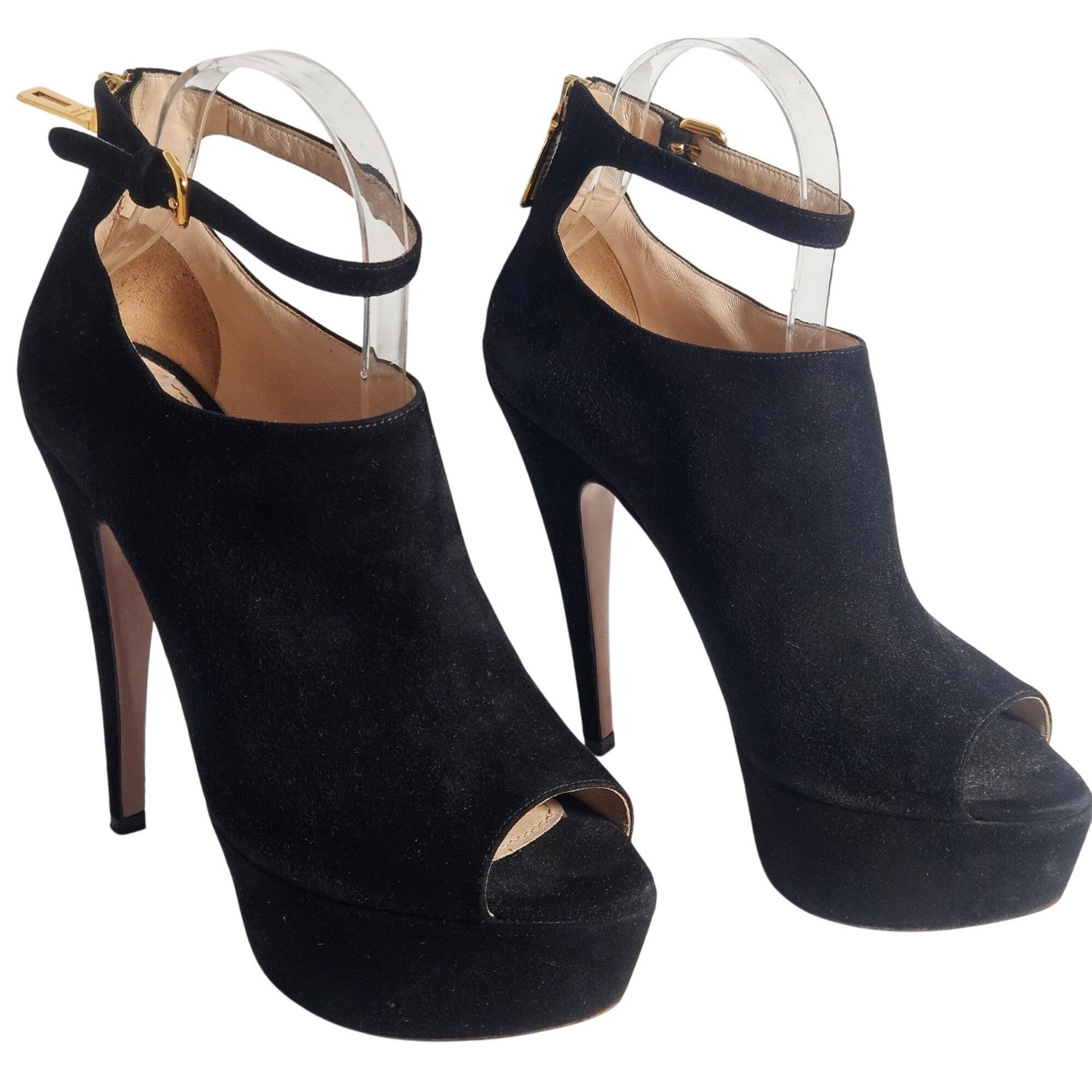 Prada VTG Y2K Prada blk suede peeptoe ankle-strap platform booties Size US 9 / IT 39 - 2 Thumbnail