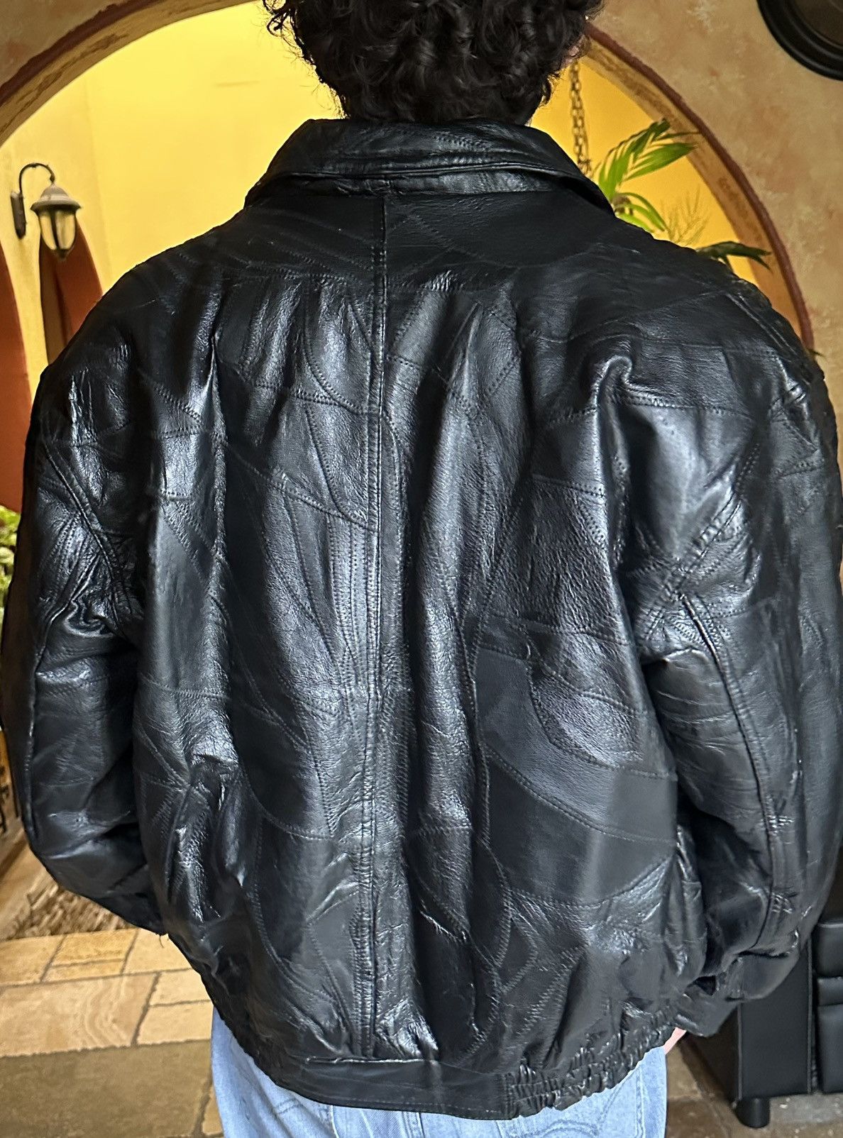 Vintage 🪡 Vintage Black Leather Patchwork Bomber Jacket Size US XL / EU 56 / 4 - 5 Thumbnail