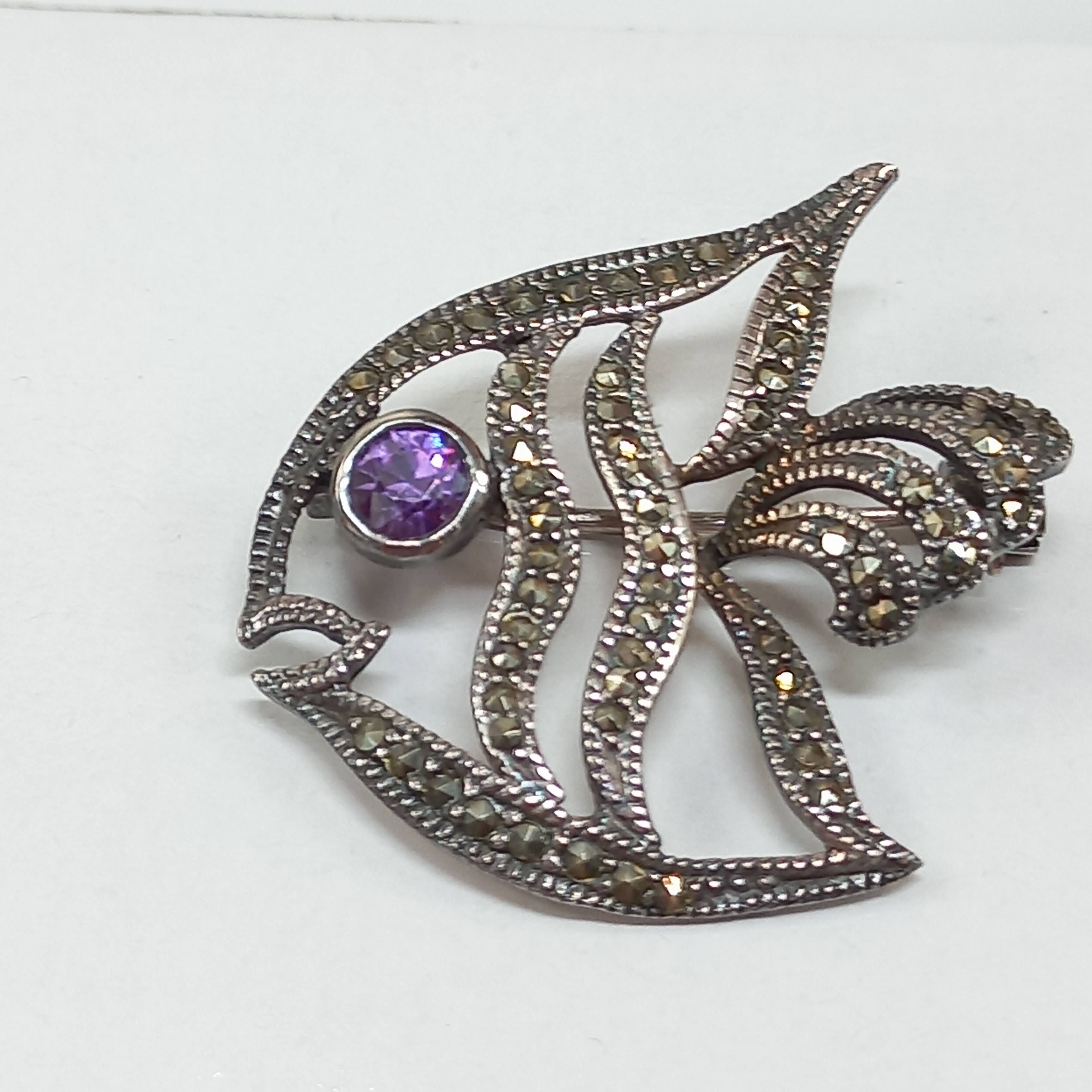 Sterling Silver Sterling FISH Vintage Marcasite Amethyst Brooch Pin Size ONE SIZE - 2 Thumbnail