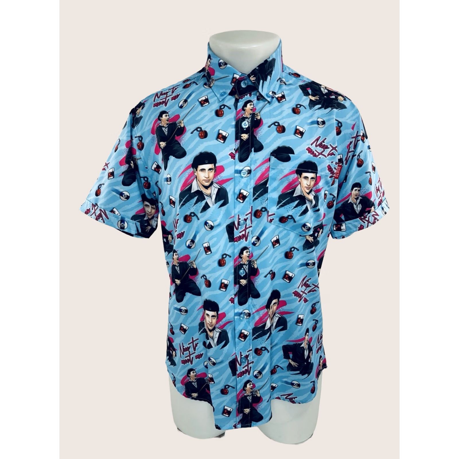 Vintage RSVLTS The Office Michael Scott NICE TO MEET ME M Shirt Blue Short Sleeve Button-Up Mens M Size US M / EU 48-50 / 2 - 1 Thumbnail