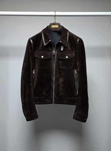Tom Ford o1sm1stk0824 Cashmere Suede Piping Leather Jacket in Brown Size US L / EU 52-54 / 3 - 1 Thumbnail