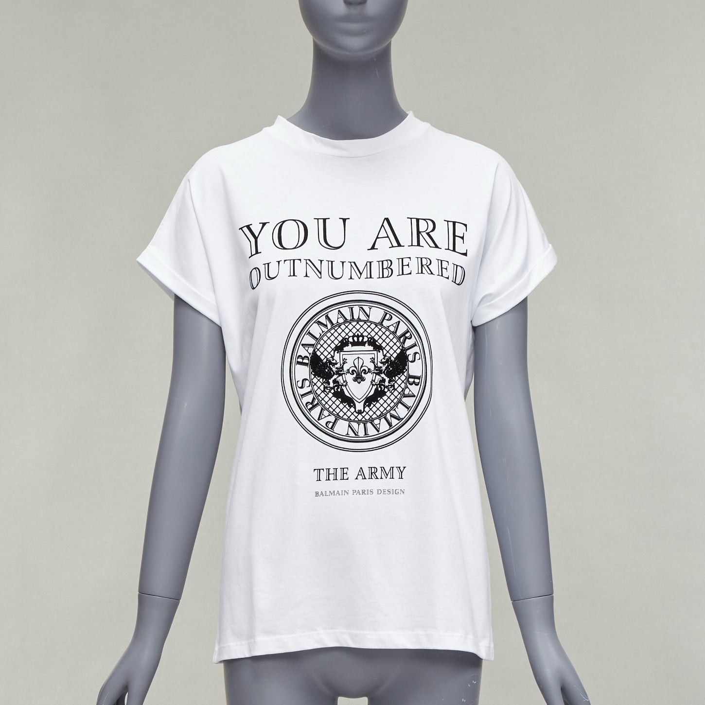image of Balmain You Are Outnumbered Army Velvet Print White Tshirt Fr36 Xs, Women's (Size Small)