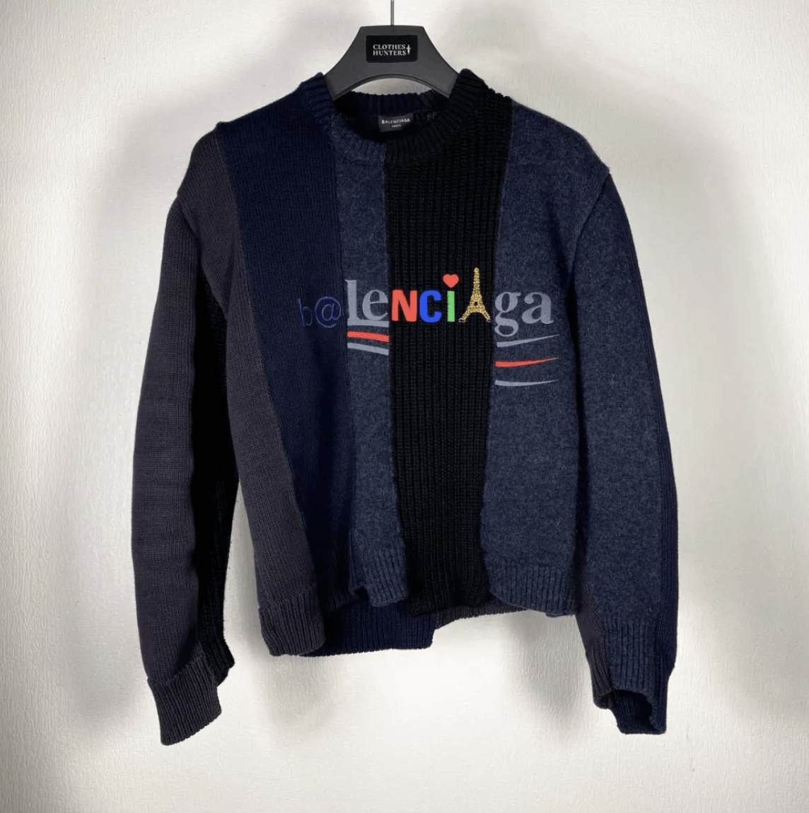 image of Balenciaga Destroyed Logo Sweater in Blue, Men's (Size Small)