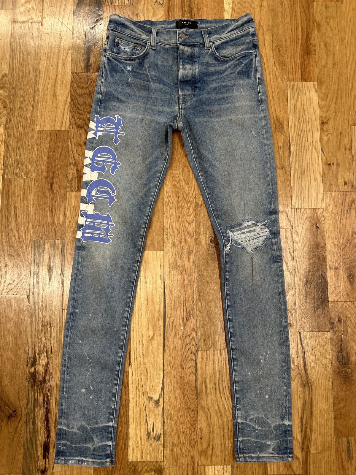Pre-owned Amiri Blue Tgcm Spellout Blue Denim Jeans Size 32