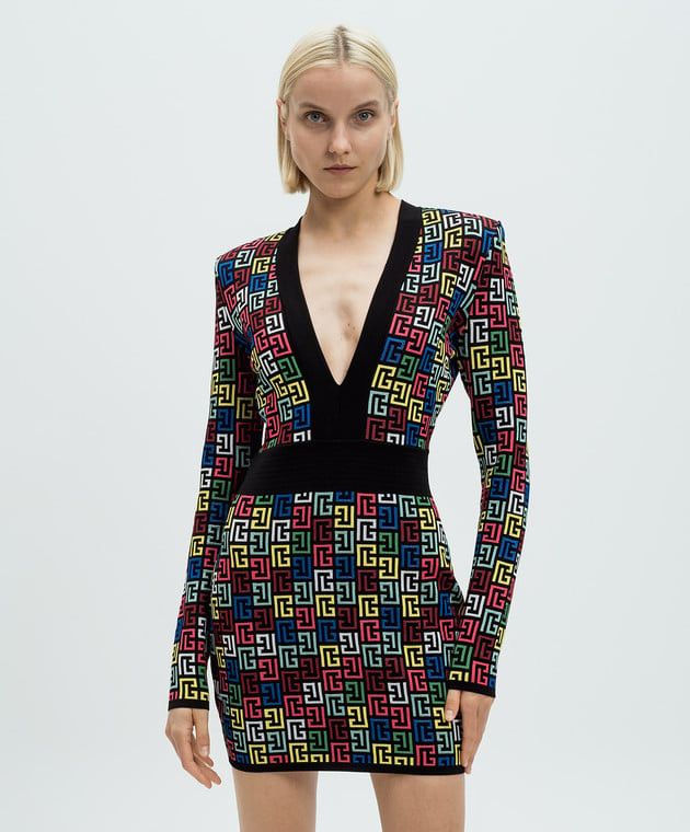 Balmain o1s1wg110725 Monogrammed Mini Dress in Multicolor Size L / US 10 / IT 46 - 3 Thumbnail