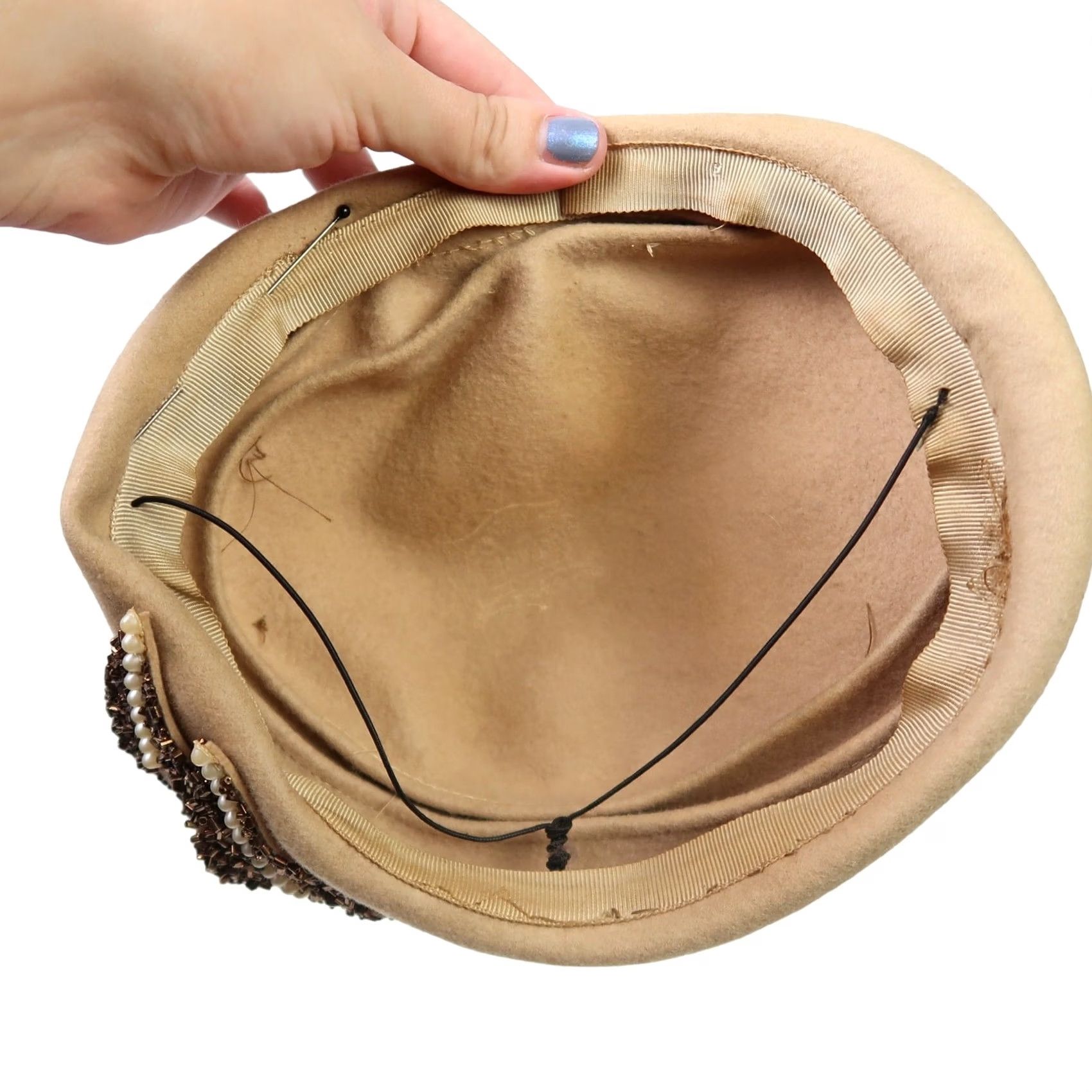 FELT VINTAGE Tan Felt Wool Bead Embellished Fascinator Beret Hat Women 50s Formal Party/Cocktail One Size Wool 100% Size ONE SIZE - 6 Thumbnail