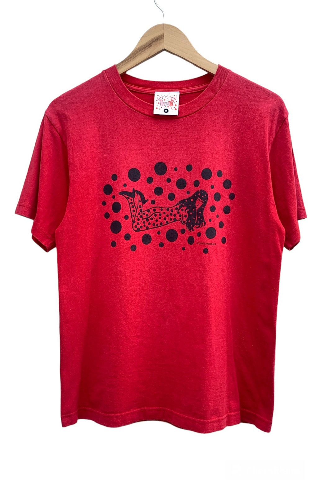 image of Vintage Yayoi Kusama Polka Dot Girl Art Designer T-Shirt in Red, Men's (Size Medium)