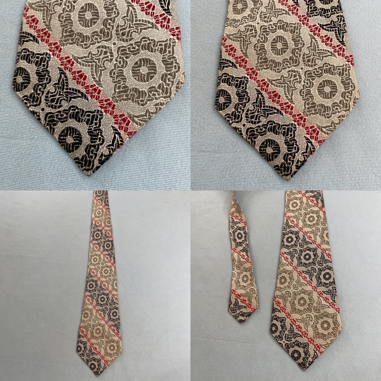MCM vtg 70s Tie Woven Optical MCM Deco Silver Black Red Repp Stripe Jacquard 3.5x56 Capsule Necktie Mens Vintage Gift Size ONE SIZE - 9 Thumbnail