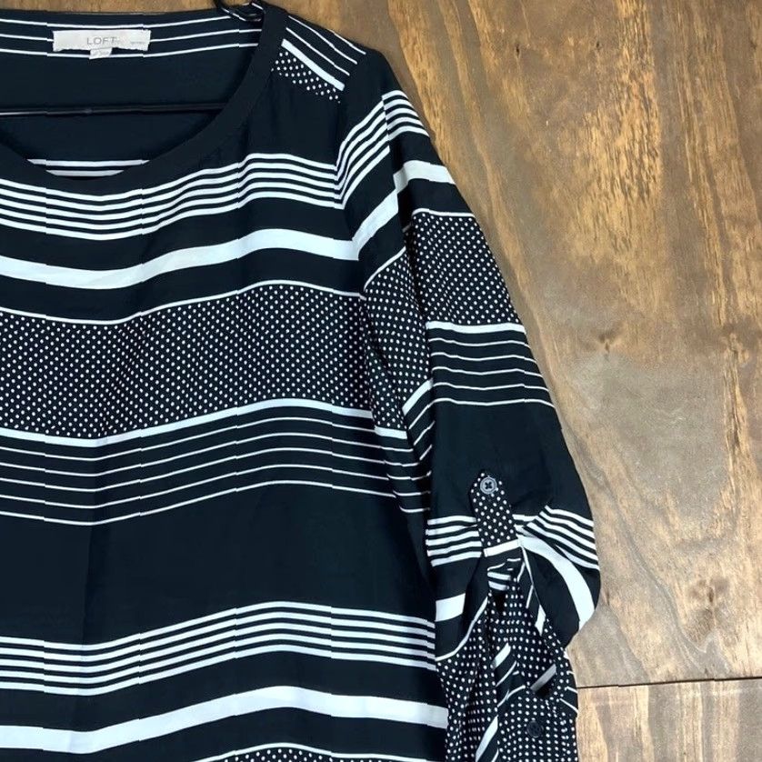 Loft VINTAGE LOFT Blouse Womens Black White Stripes Dot Print Petite Roll Tab Sleeve MP Size M / US 6-8 / IT 42-44 - 5 Thumbnail