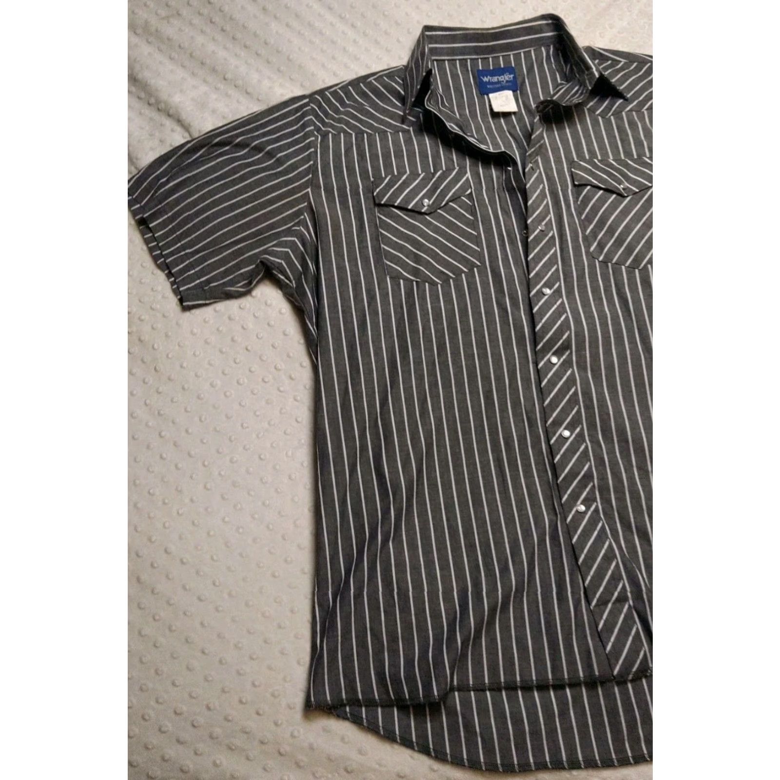 Wrangler VINTAGE Wrangler Button-Down Shirt Western 90s Gray Stripe XLT Mens Regular Cotton Short Sleeve Pearl Snap Button Down Shirt Size US XL / EU 56 / 4 - 3 Thumbnail