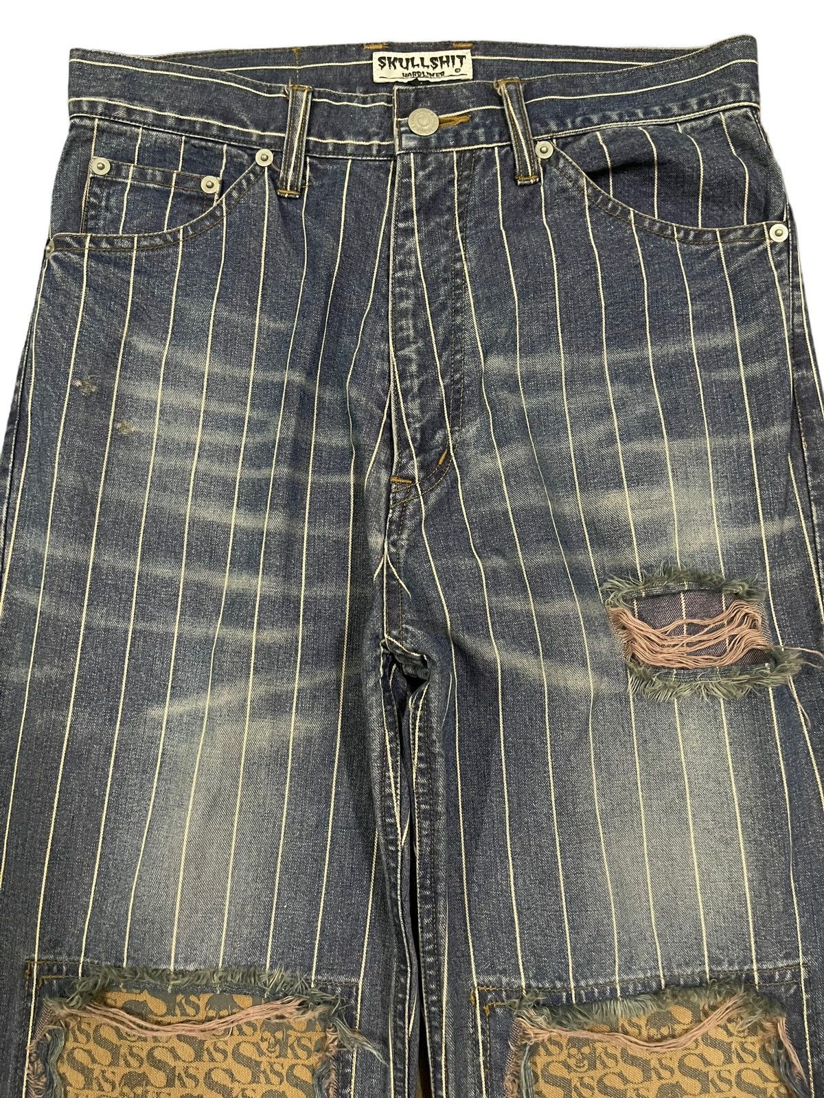 14th Addiction Vintage Japanese Skull Shit Distressed Style Stripe Jeans Size US 29 - 3 Thumbnail