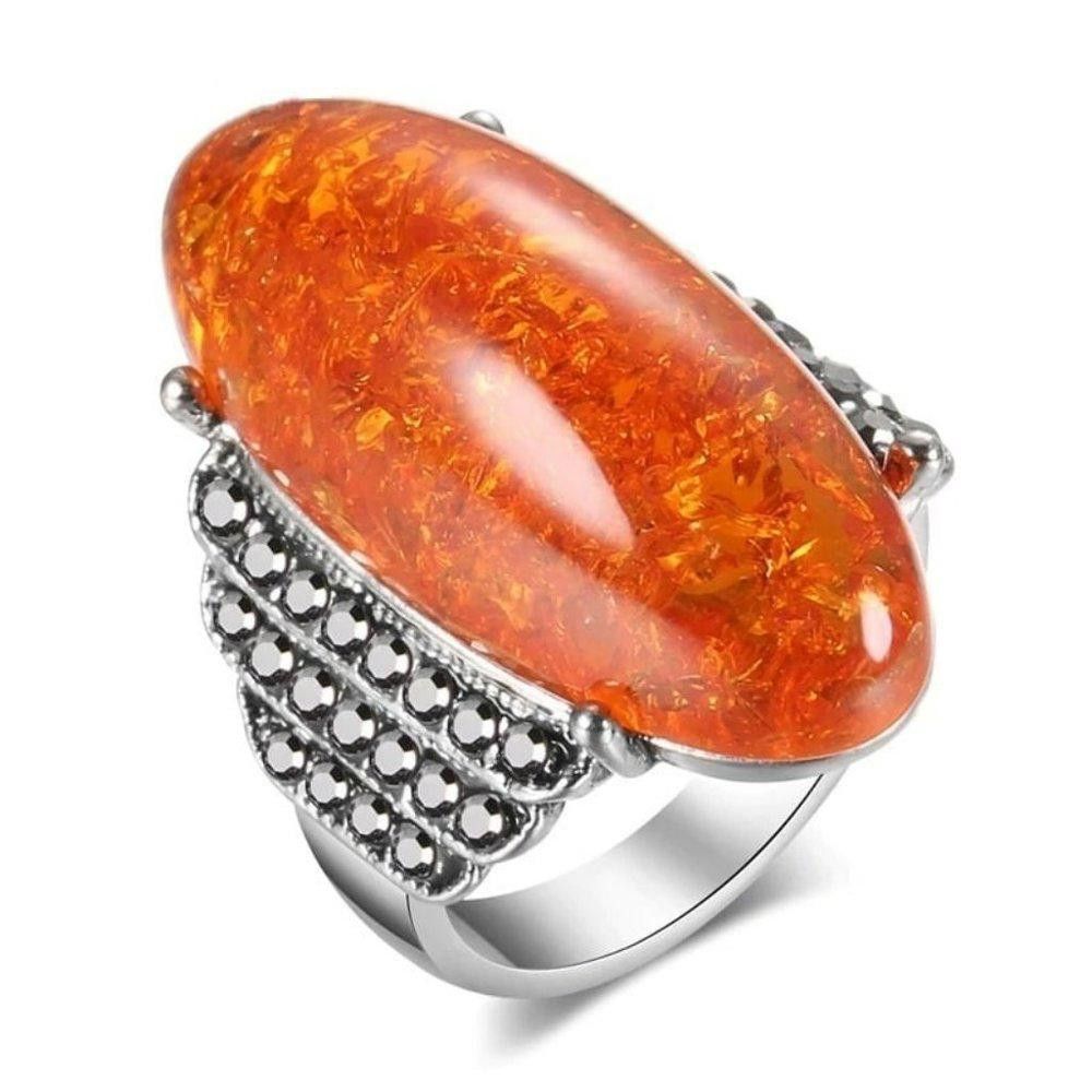 Designer Vintage 32mm Orange Amber Antique Silver Ring - Size 7 Size ONE SIZE - 2 Thumbnail