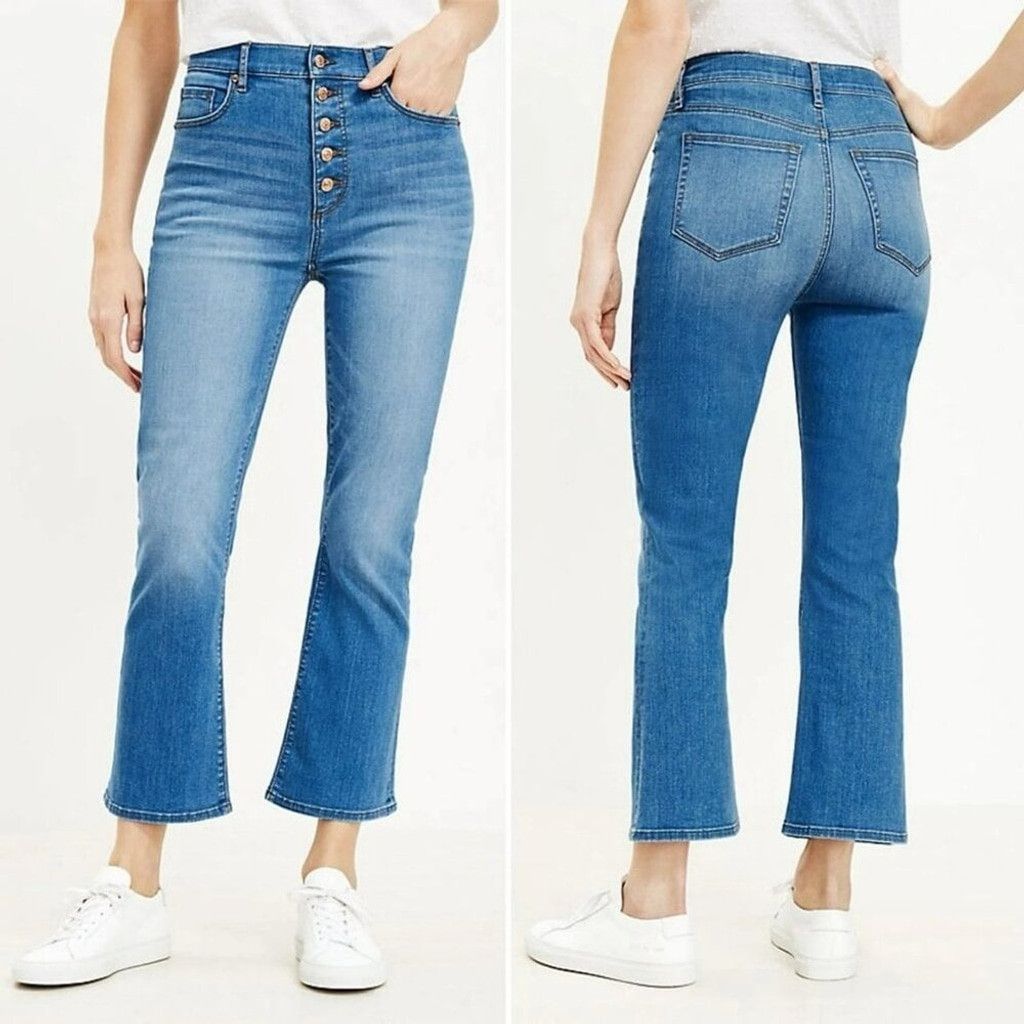 Loft LOFT Kick Crop Button Fly Jeans Indigo Flare High Rise 26/2 Size 26" / US 2 / IT 38 - 2 Thumbnail
