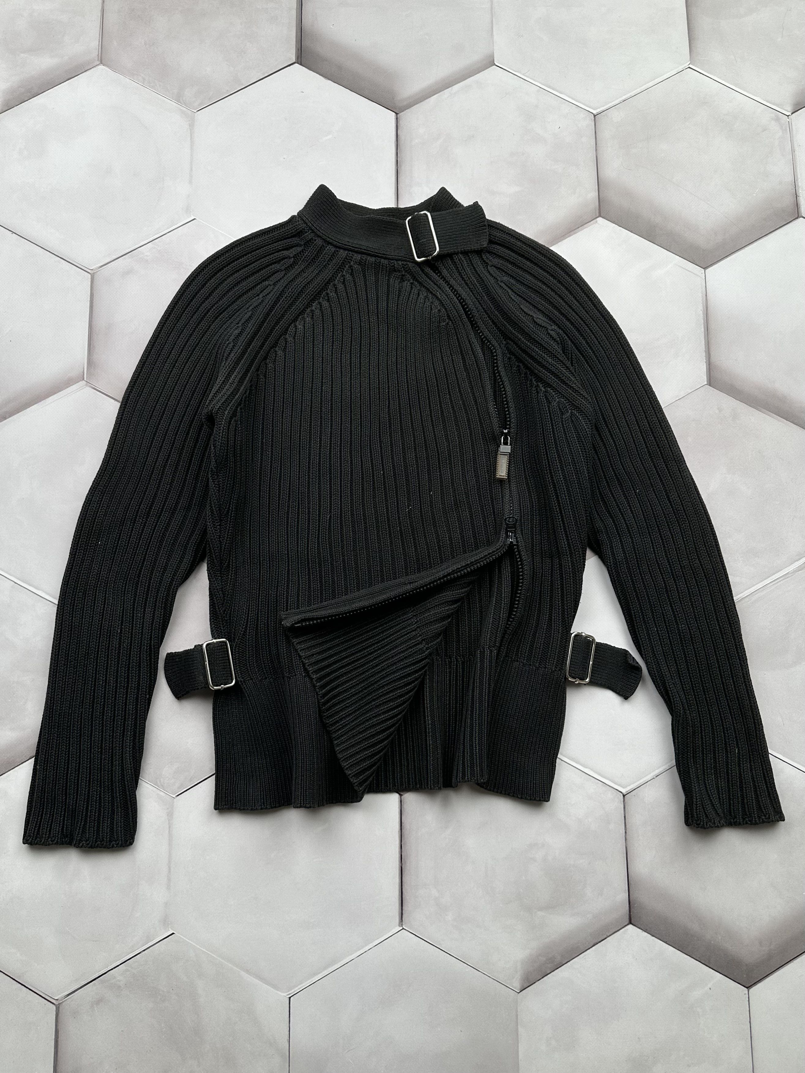 image of Avant Garde Vintage Ribbed Bondage Asymmetry Zipped Sweater in Black, Women's (Size Medium)