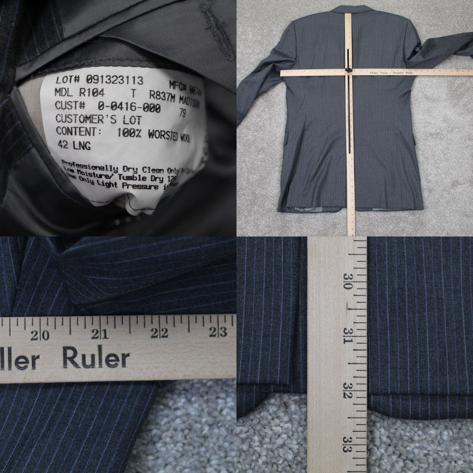 Madison Hickey Freeman Blazer Mens 42 Long Gray Worsted Wool Coat Jacket Size 42R - 8 Thumbnail