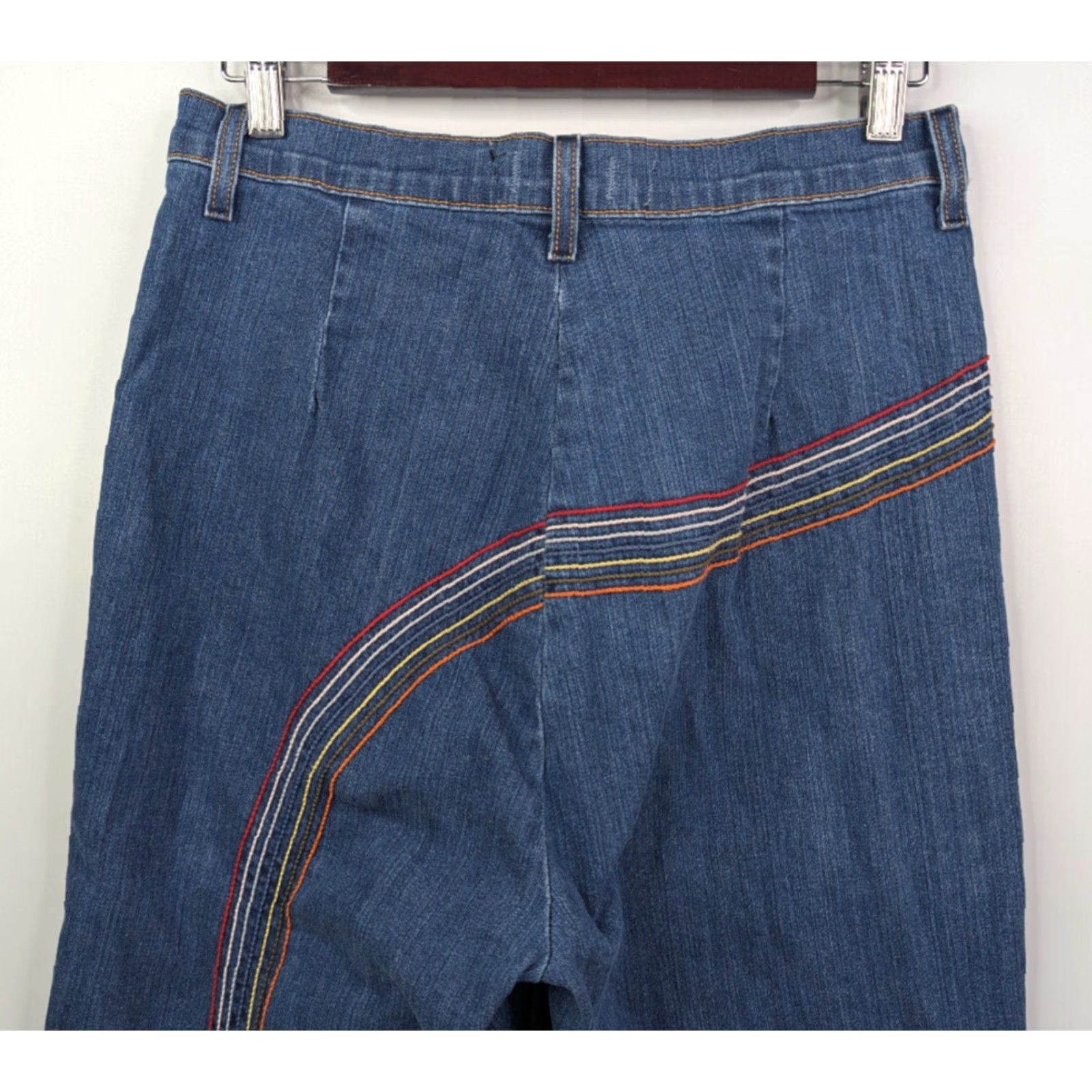 Vintage Fervour Jeans Womens Flared High Rise Denim 31/13 13 Blue Rainbow Hippie Baggy Embroidered Logo USA Size 34" / US 12 / IT 48 - 4 Thumbnail