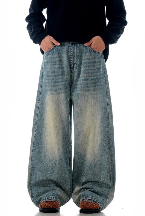 Jean Retro washed men's straight loose casual distressed jeans Size US 32 / EU 48 - 1 Thumbnail
