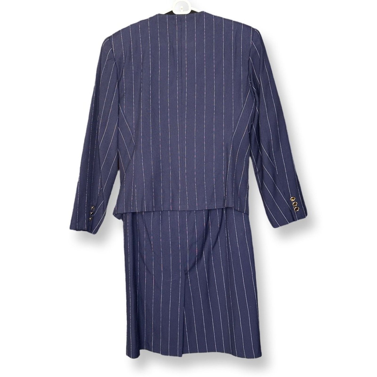 Evan Picone Navy Pinstripe Double-Breasted Blazer Suit Set Size L / US 10 / IT 46 - 2 Thumbnail