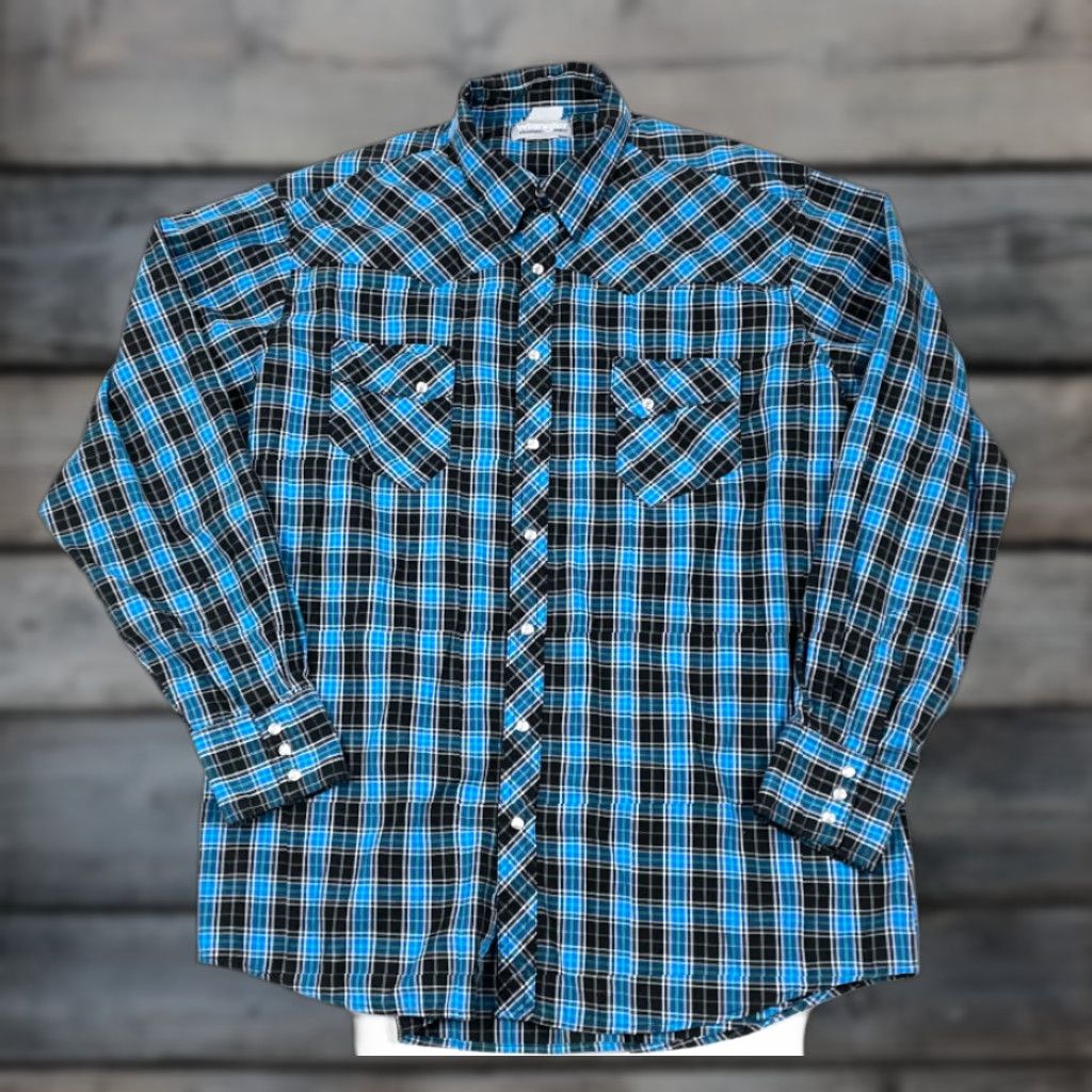Wrangler VINTAGE Wrangler Wrancher Blue Black Plaid Western Shirt Men 2XL Pearl Snap Button Casual Workwear Cotton Blend Pockets Long Sleeve Size US XXL / EU 58 / 5 - 1 Thumbnail