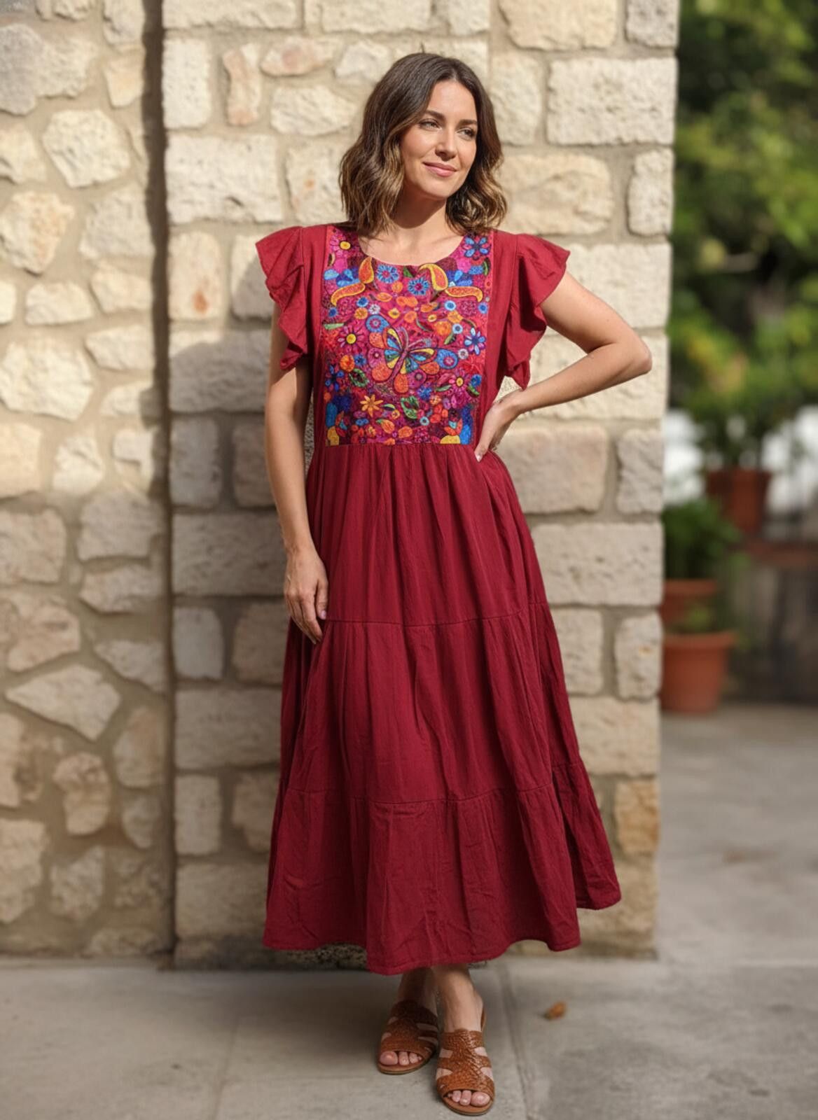The Unbranded Brand Bohemian Embroidered Burgundy Midi Dress Butterfly XL-2X Size XL / US 12-14 / IT 48-50 - 1 Thumbnail