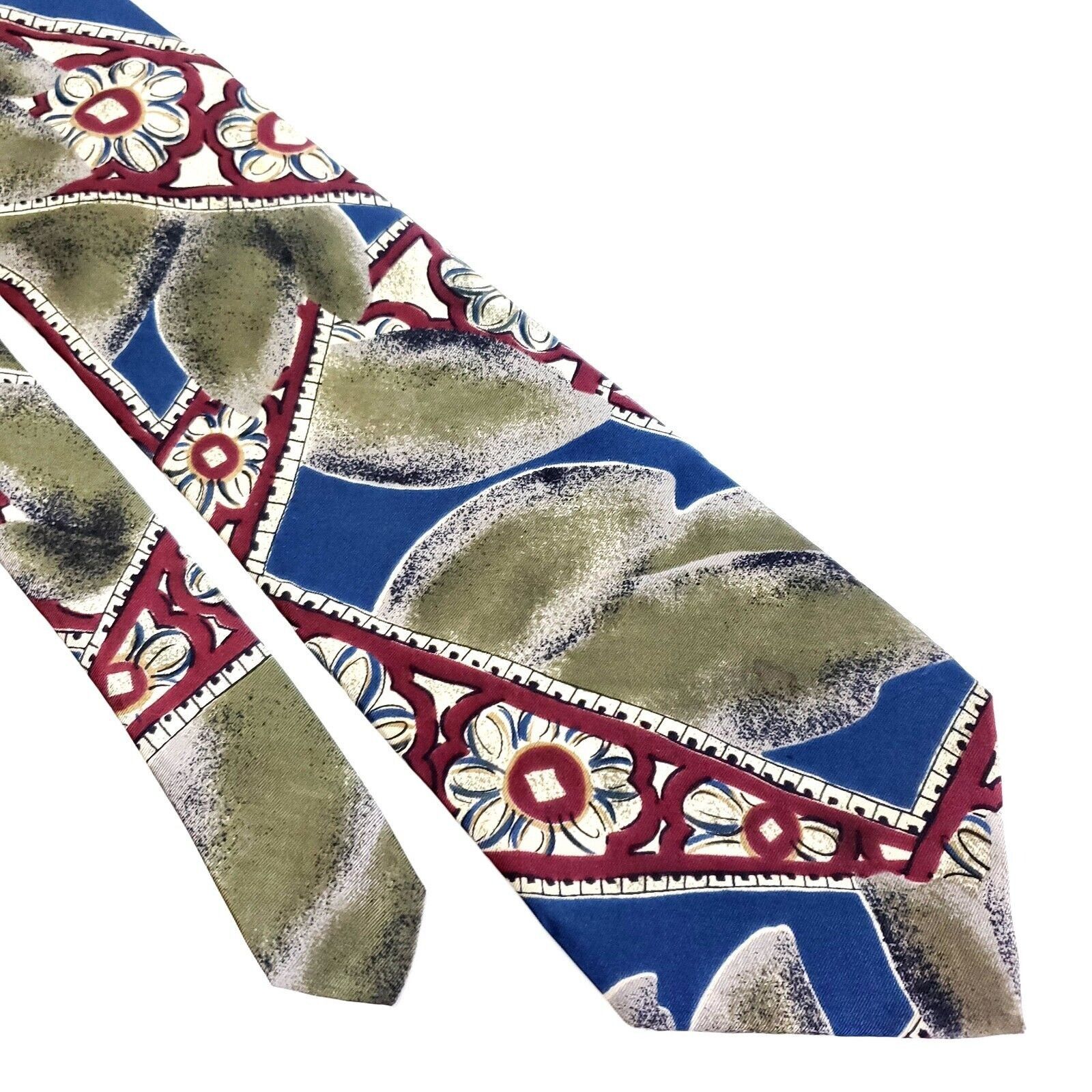 Vintage Adolfo Silk Tie Print Green Blue Floral Short Size ONE SIZE - 1 Thumbnail