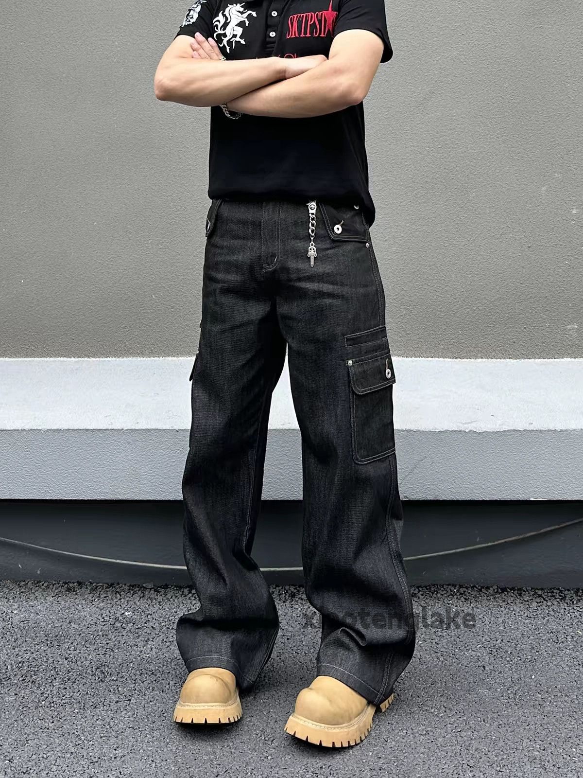 Japanese Brand × Jean Opium Cargo Flared Stack Jeans, Wide Leg