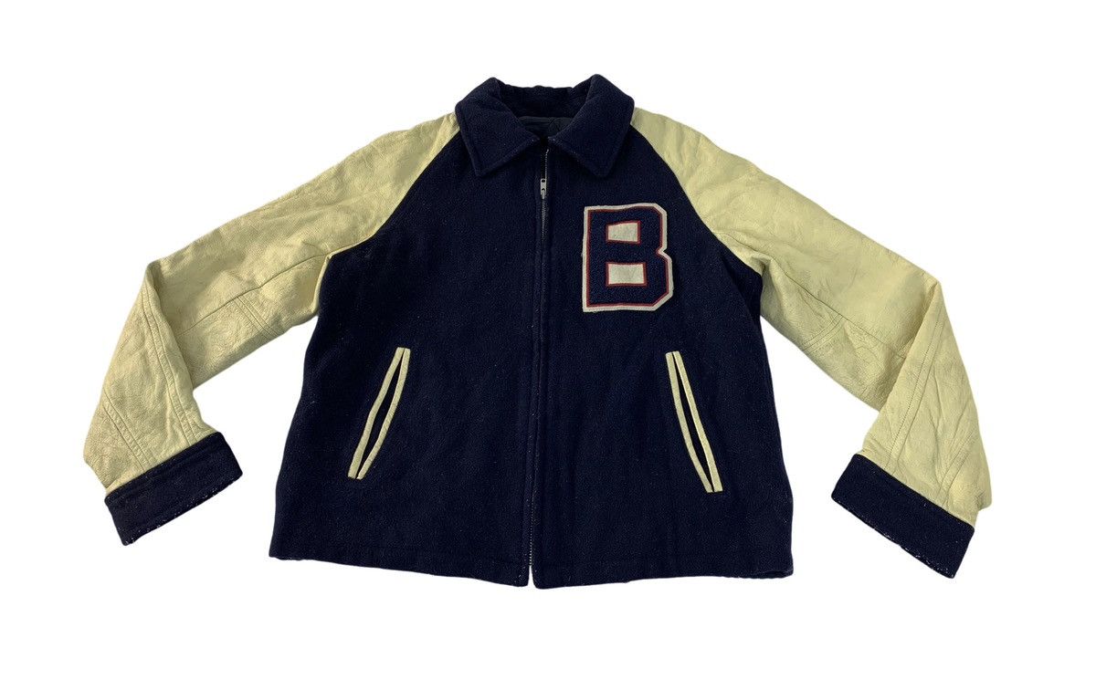 Japanese Brand × Vintage Comme Ca Boys Leather Sleeve Varsity Bomber Jacket Padded Size US S / EU 44-46 / 1 - 1 Thumbnail