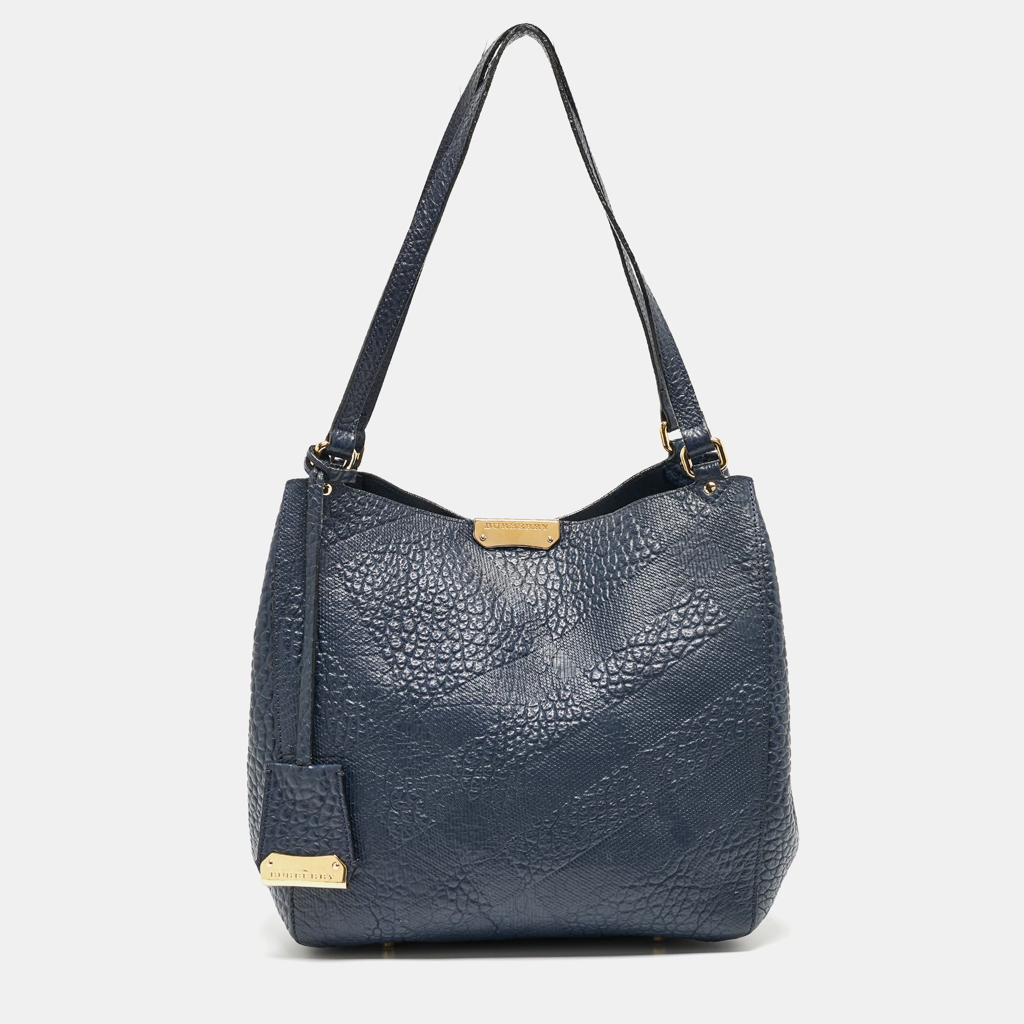 image of Burberry Navy Blue Embossed Leather Canterbury Tote, Women's