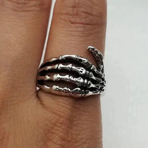 Ring Of Fire Silver Gothic Skulls Skeleton punk Hand Ring Size - 10 RGN Size ONE SIZE - 2 Thumbnail