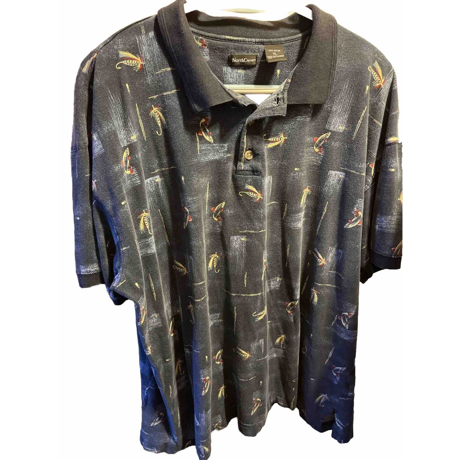 North Crest VTG Polo Shirt Men’s XL Navy Fly Fishing Print