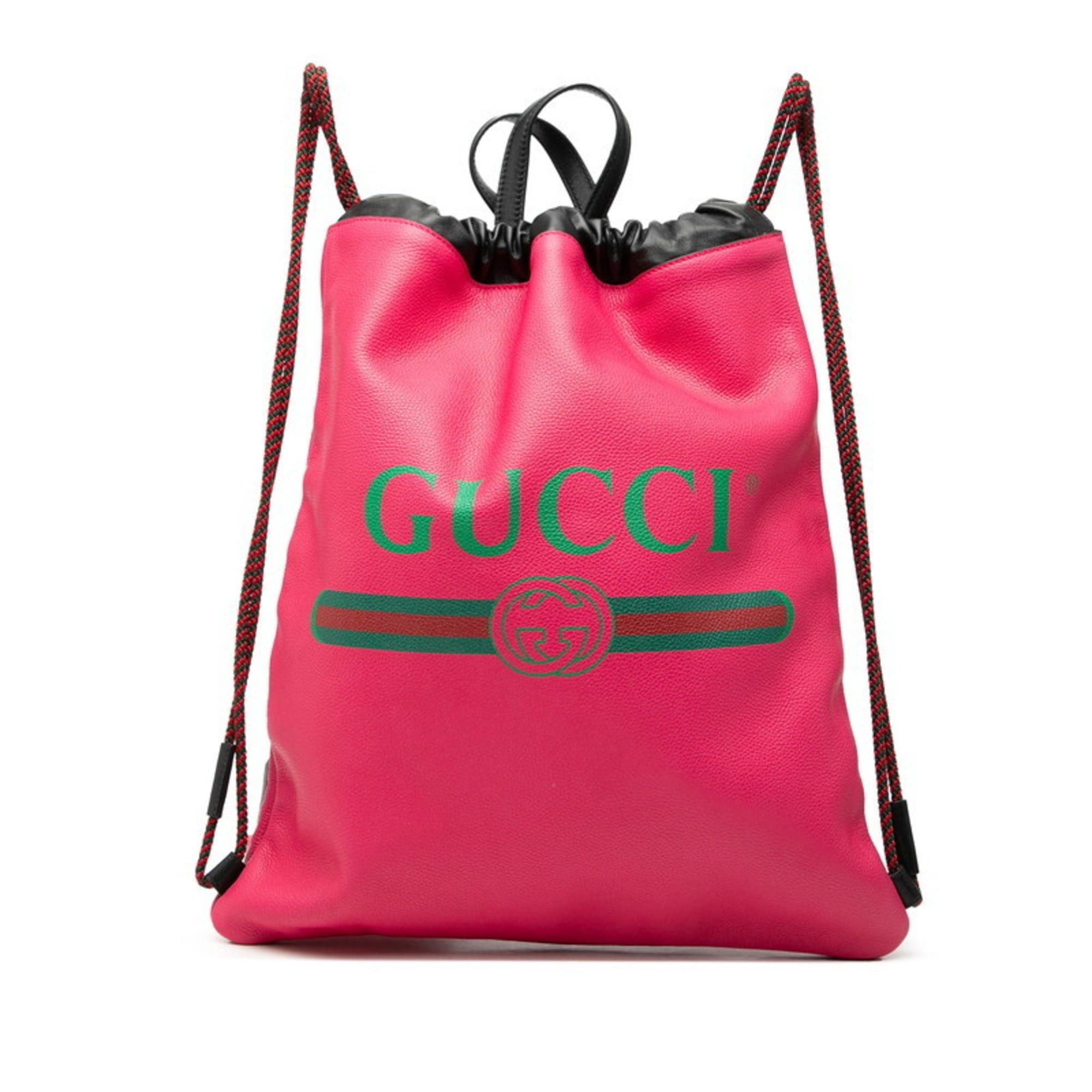 Gucci Print Drawstring Backpack Knapsack 516639 Pink Black Leather Women's Gucci