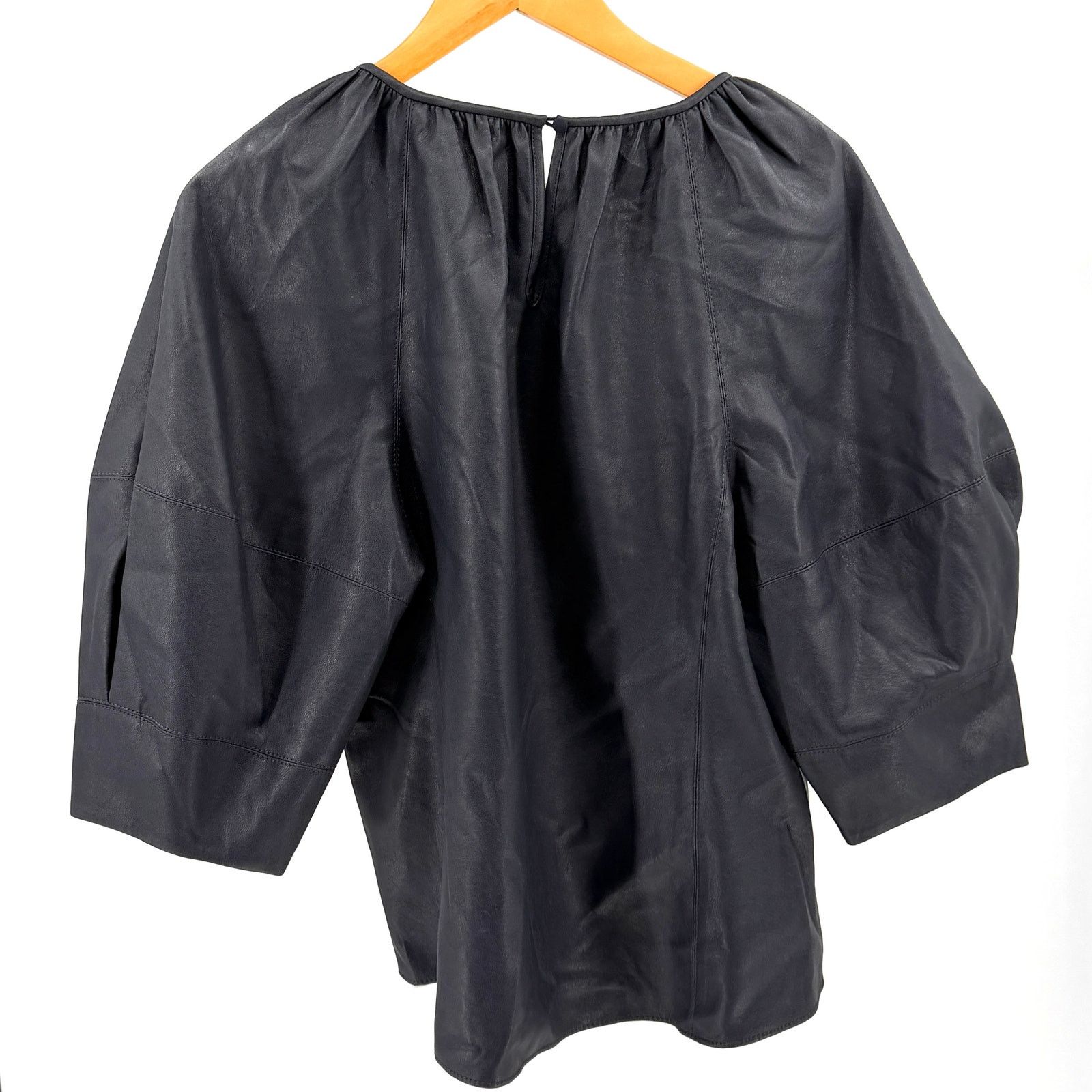 Rebecca Taylor Navy Blue Vegan Leather Silk Lined Puff Sleeve Top Size L / US 10 / IT 46 - 4 Thumbnail