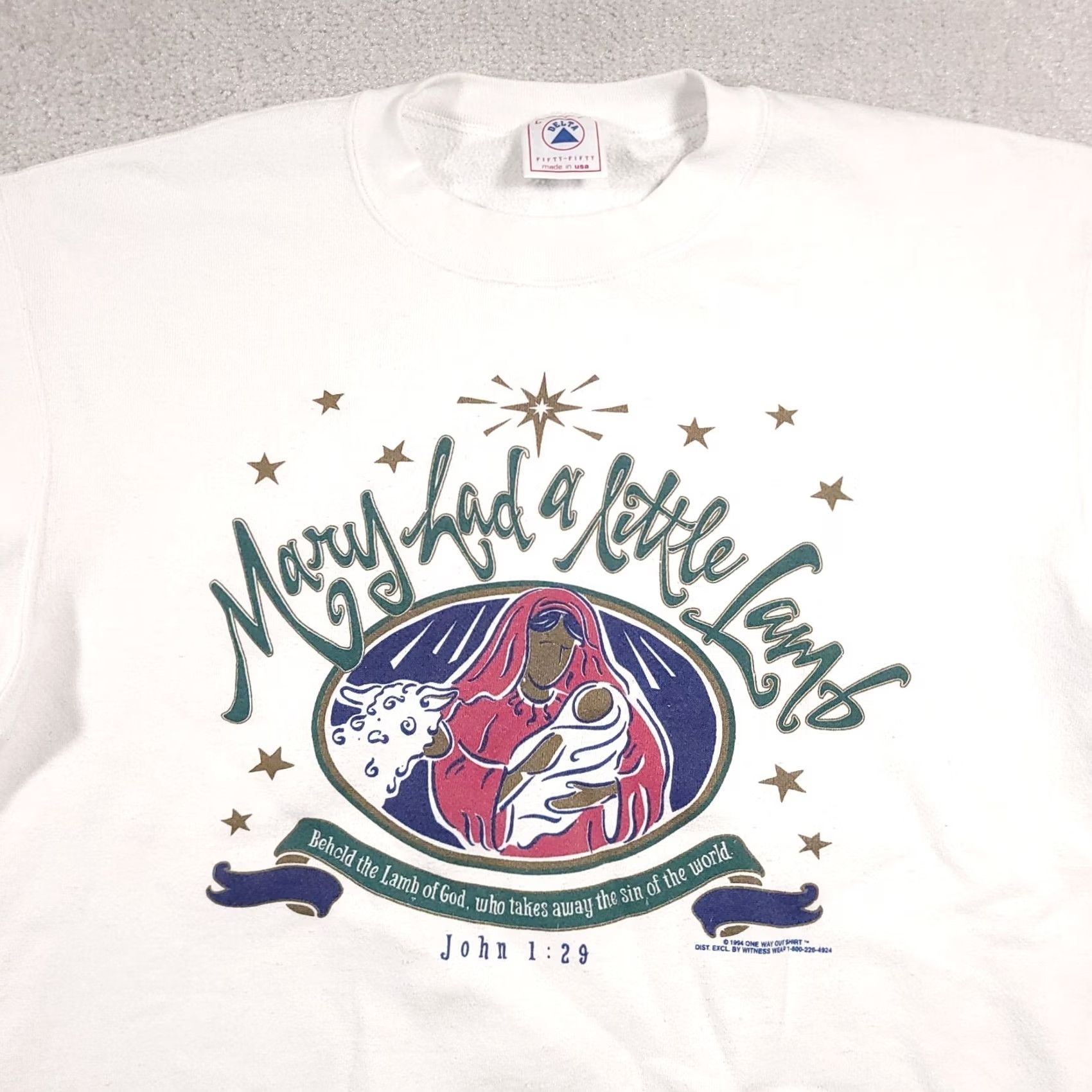 Delta VINTAGE 90s Mary Had a Little Lamb Sweatshirt Unisex Adults Large Crew Neck Religion Graphic Print White Cotton Polyester Fleece Pullover USA 90s Size US L / EU 52-54 / 3 - 3 Thumbnail