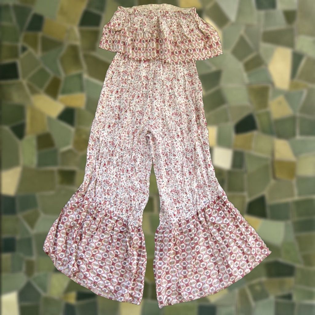 Pinko Japna Pink Ivory Floral 100% Rayon Strapless Wide Leg Romper Jumpsuit Medium Size 32" / US 10 / IT 46 - 1 Thumbnail