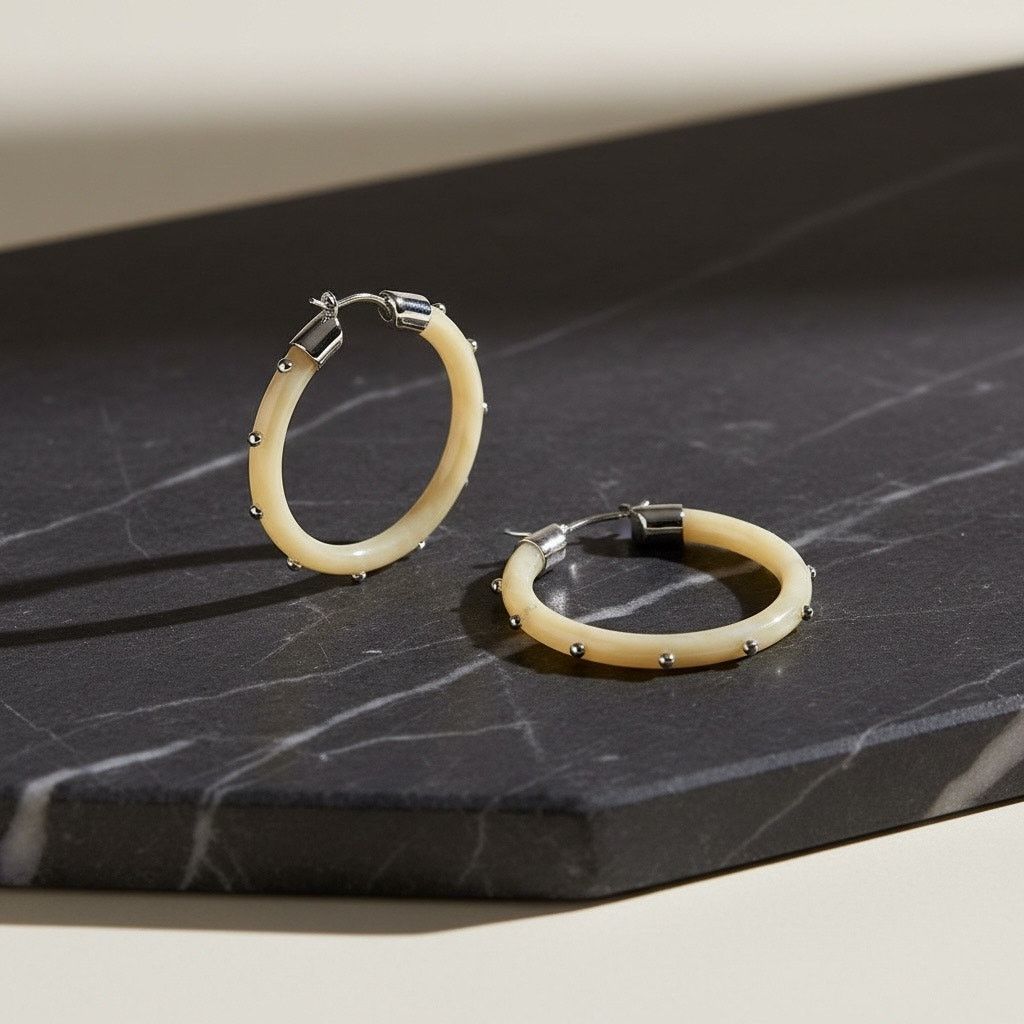 Ralph Lauren Lauren Ralph Lauren Cream Resin Studded Hoop Earrings Silver Size ONE SIZE - 1 Thumbnail