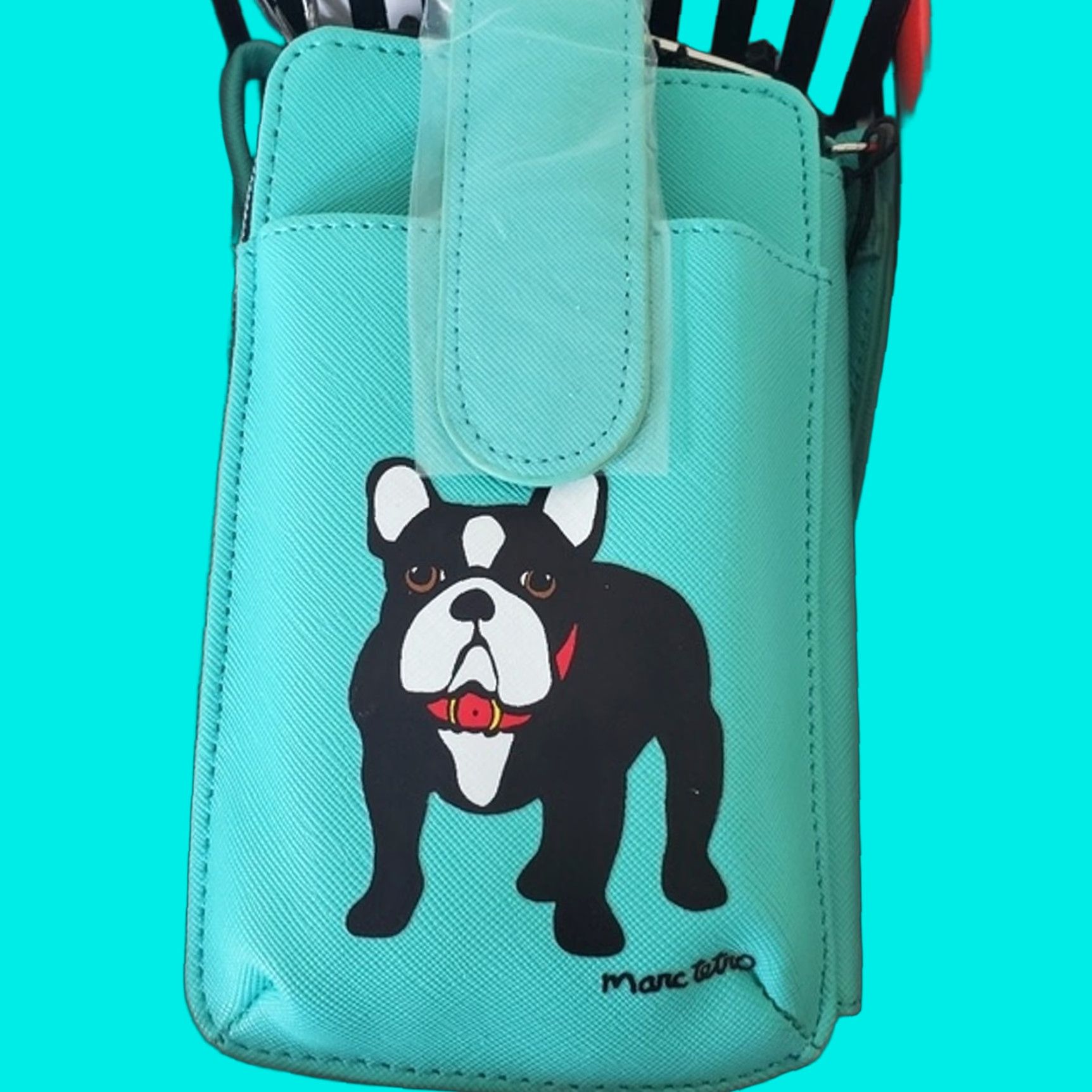 Marc Tetro Bag Womens Small Crossbody Phone Wallet Wristlet Box Gift Set NWT Blue Green Bulldog Frenchie