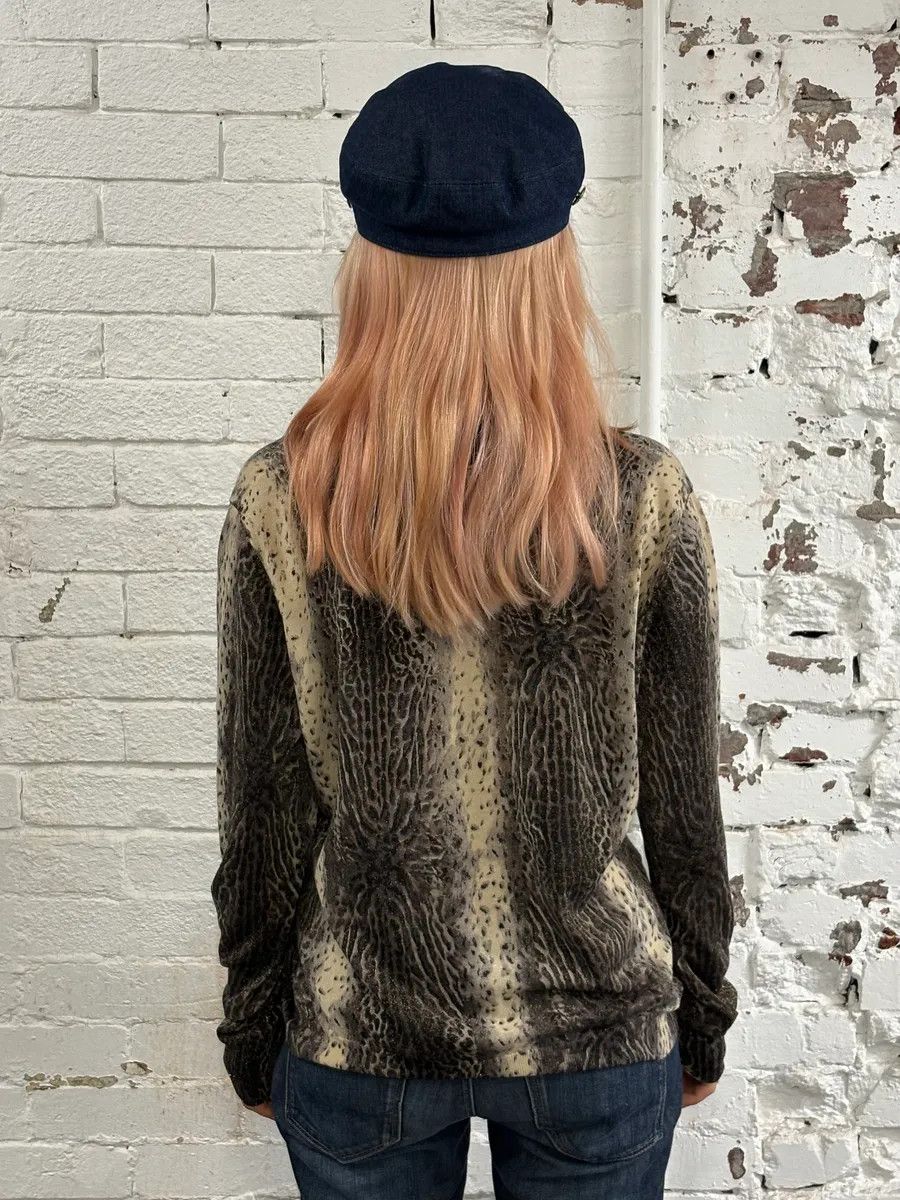 Roberto Cavalli 2000s Roberto Cavalli Leopard Beige Knit V Neck Sweater Size S / US 4 / IT 40 - 3 Thumbnail