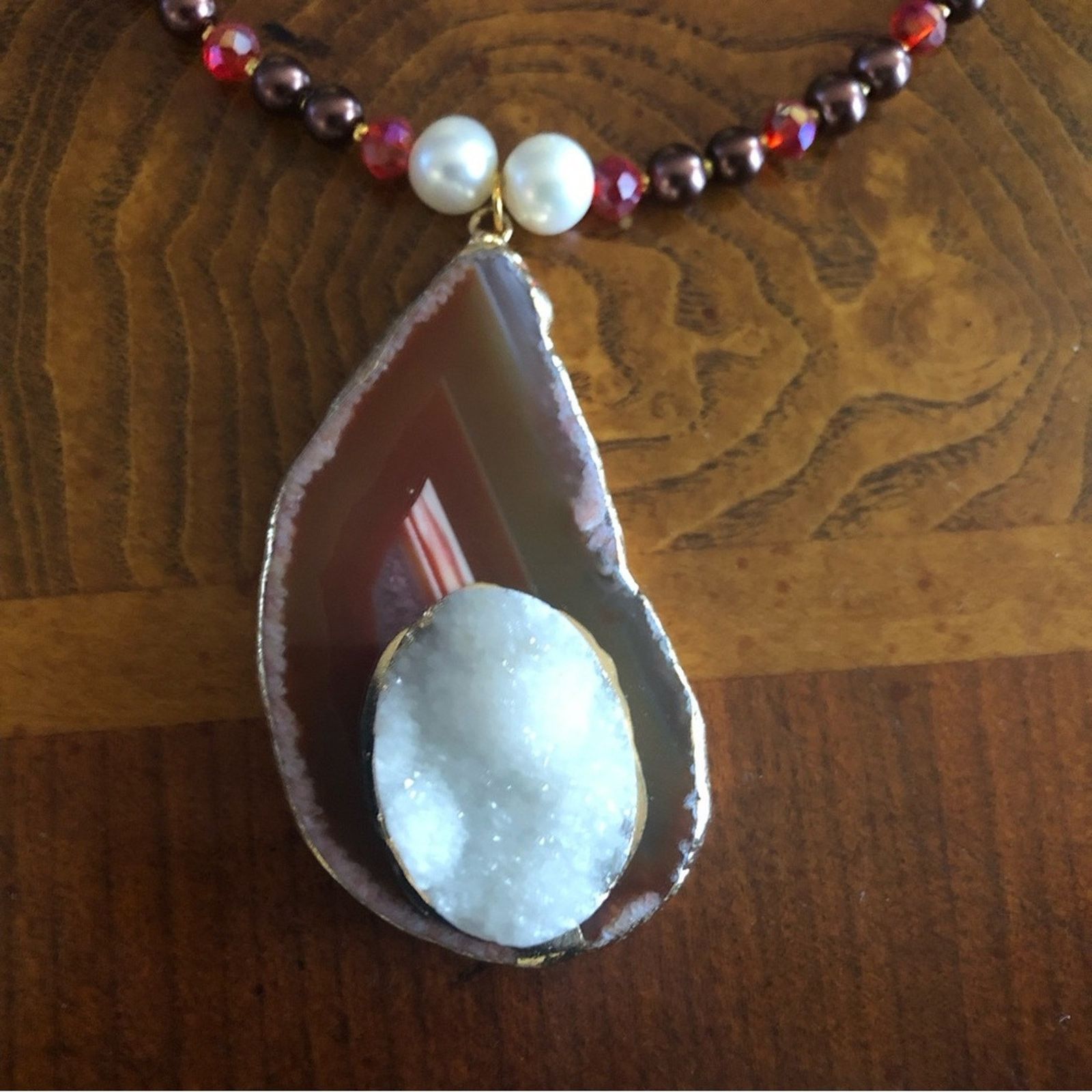 Handmade Handcrafted repurpose drusy agate slab Pearl necklace Size ONE SIZE - 9 Thumbnail