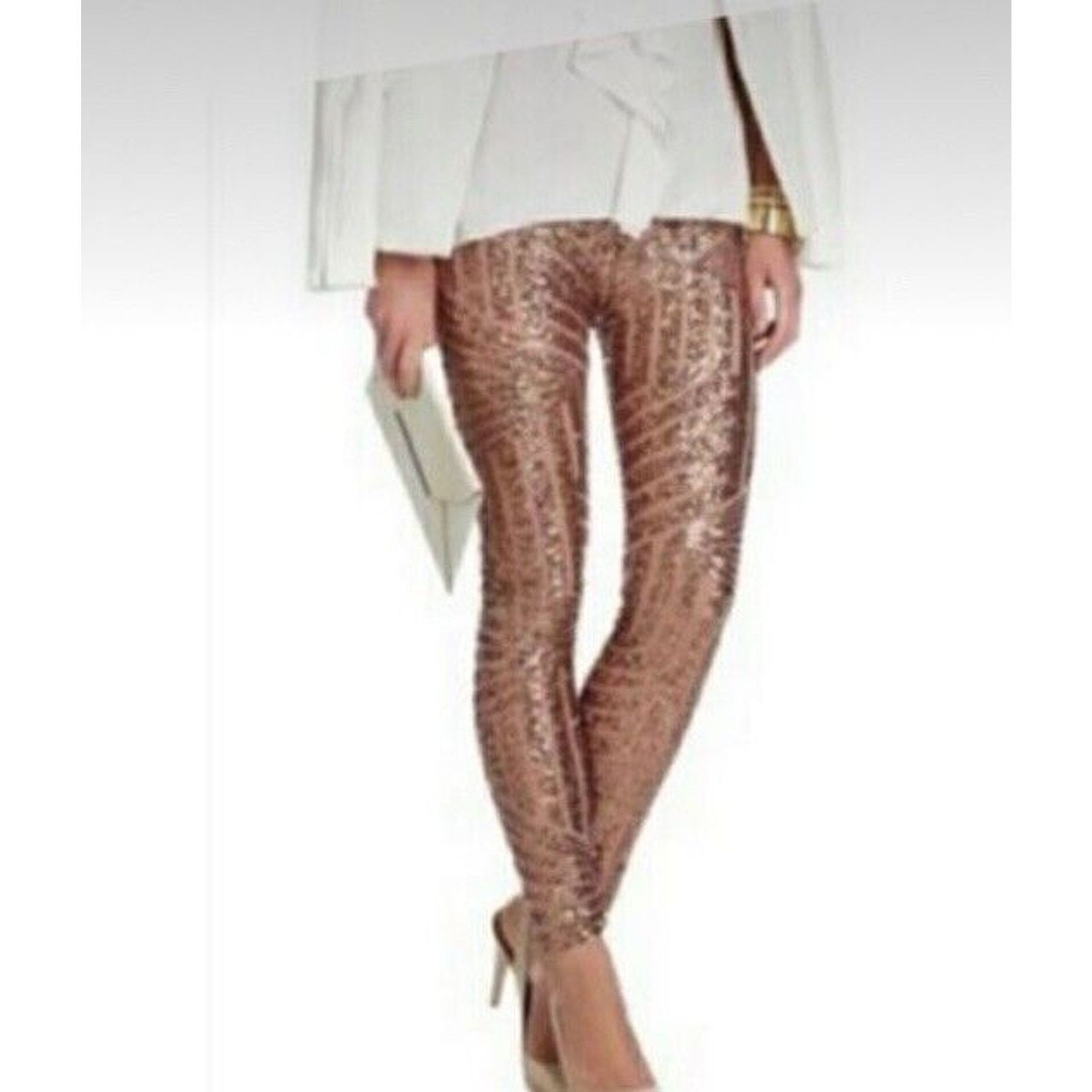 Bcbgmaxazria BCBGMaxazria Snake Sequin Pants Rose Gold Dena Skinny $398 S Size 27" / US 4 / IT 40 - 2 Thumbnail