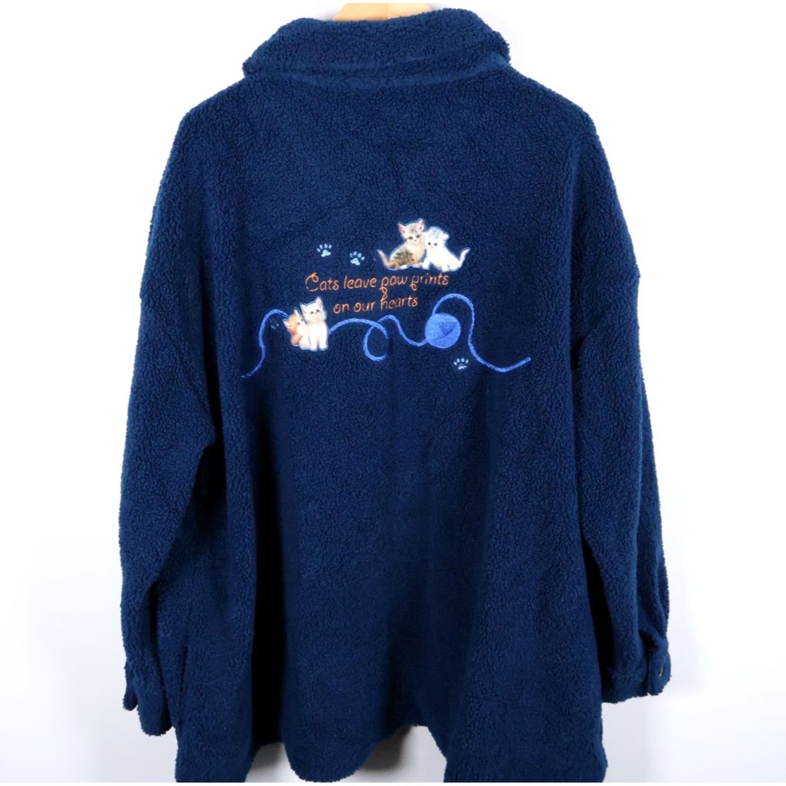 Vintage Bradford Exchange Women's Jacket 2X Blue Fleece Jurgen Scholz Cats Kitten Embroidered Unlined Pockets Button Front Regular Wool? Size XXL / US 16-18 / IT 52-54 - 2 Thumbnail