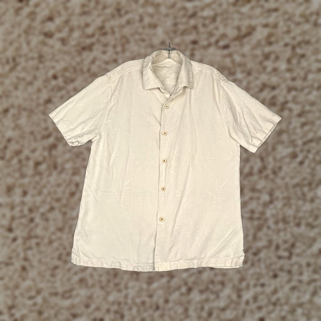 Tommy Bahama Shirt Men Large Ivory Floral Silk Button Up Hawaiian Embroidered
