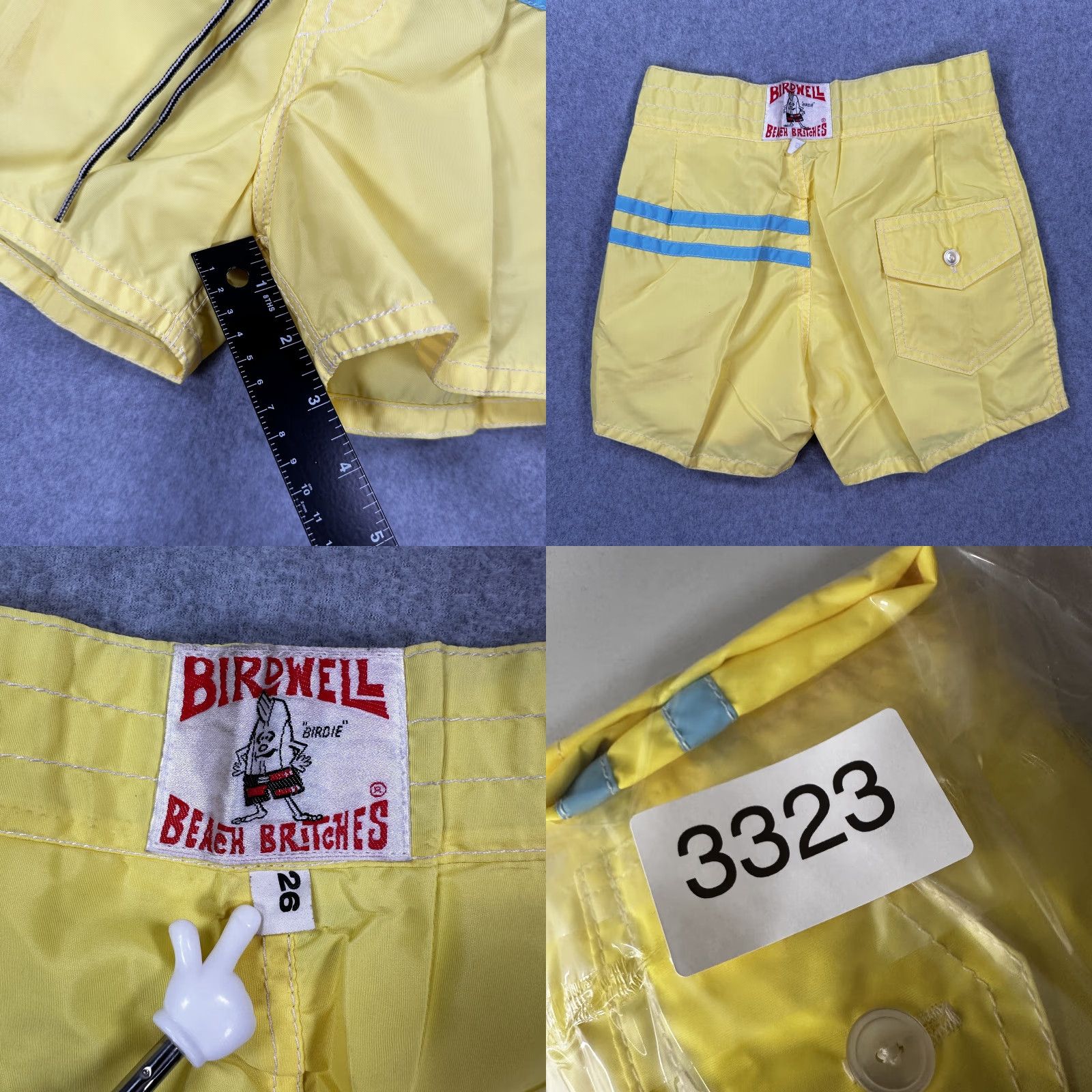 Vintage VINTAGE Birdwell Beach Britches Board Shorts Mens 26 Yellow Blue Striped Quick Dry Nylon 100% Nylon Back Pocket Drawstring Retro Surfing Summer Size US 27 - 8 Thumbnail