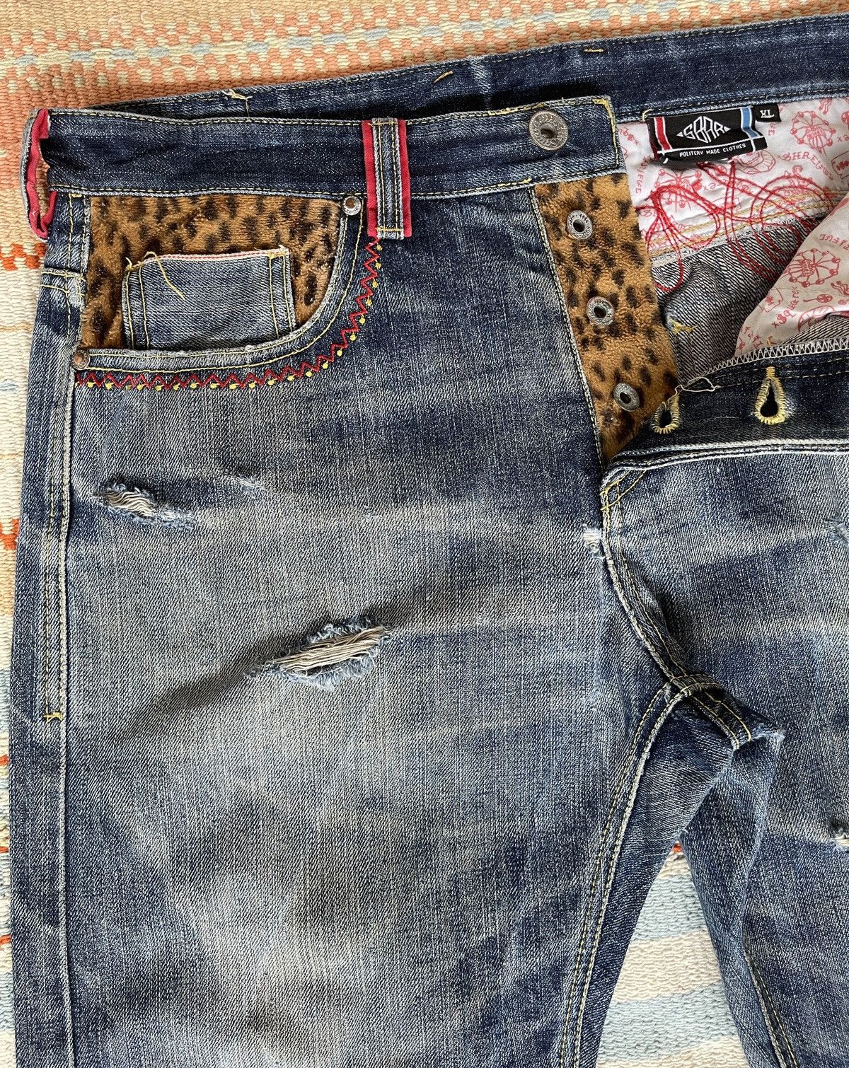 If Only Was True Very rare🔥SQUARE DARK🔥Embroidery Selvedge Distressed Jeans Size US 35 - 11 Thumbnail