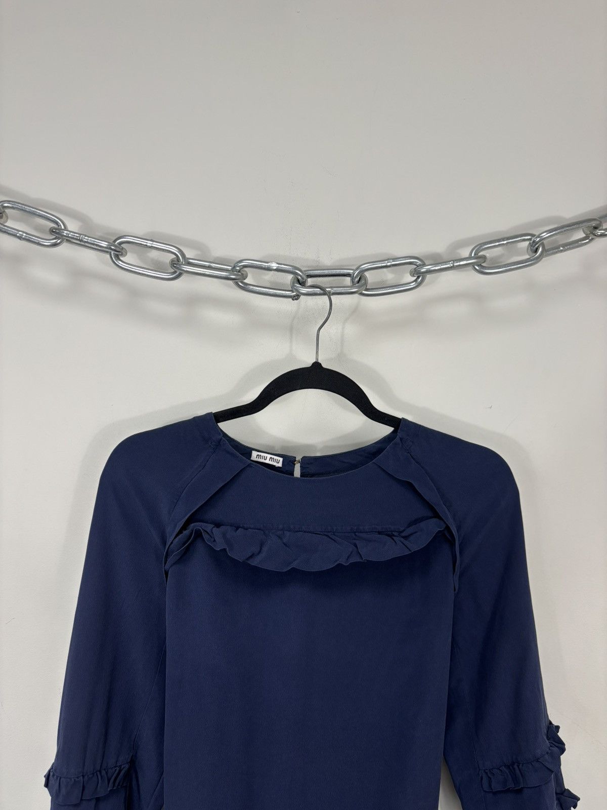 Miu Miu Miu Miu Women’s Navy Babydoll Silk Ruffle Blouse Tunic Top Size M / US 6-8 / IT 42-44 - 3 Thumbnail