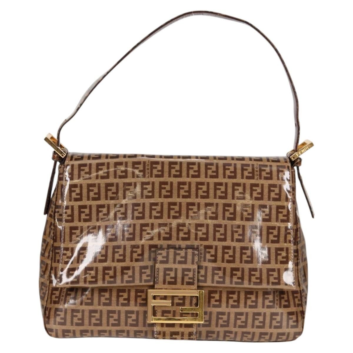 Fendi Zucchino Canvas Mamma Baguette Shoulder Bag Brown Auth Am8294V, Women's