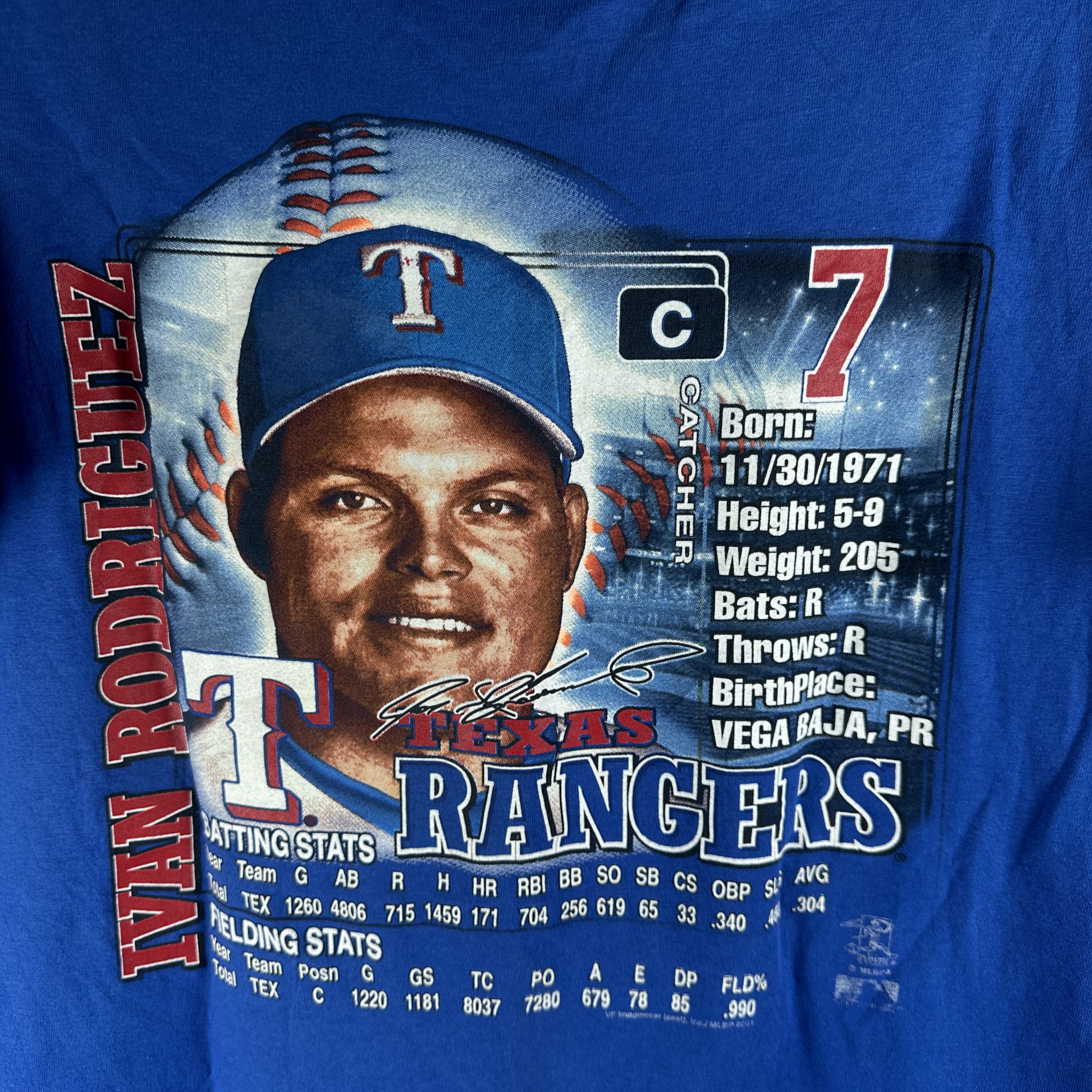 Vintage ​2001 Ivan Rodriguez Texas Rangers MLB Career Stats T-shirt Size US M / EU 48-50 / 2 - 4 Thumbnail
