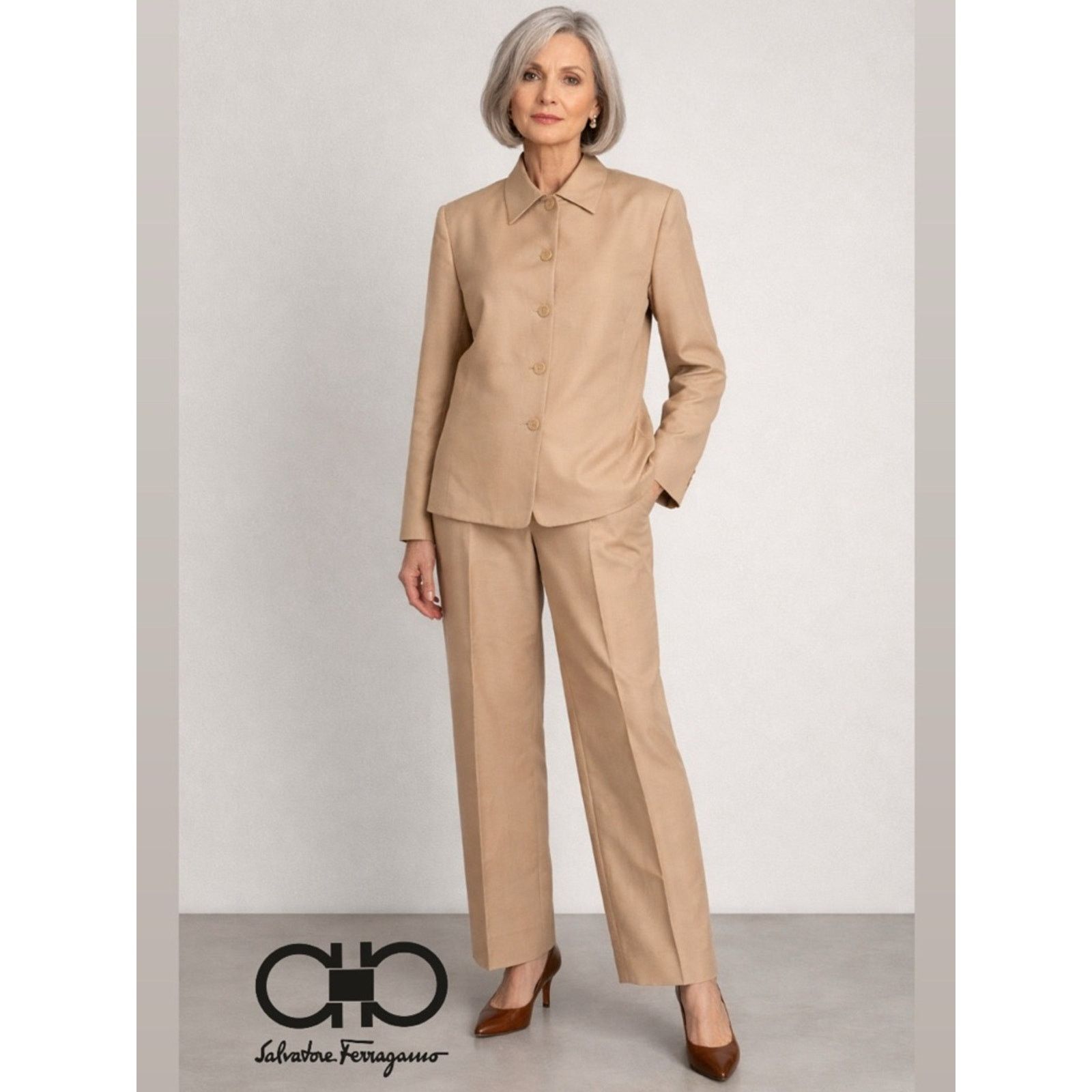 Salvatore Ferragamo SALVATORE FERRAGAMO Vintage 90’s Silk Pantsuit Tan 14 Size XL / US 12-14 / IT 48-50 - 1 Thumbnail