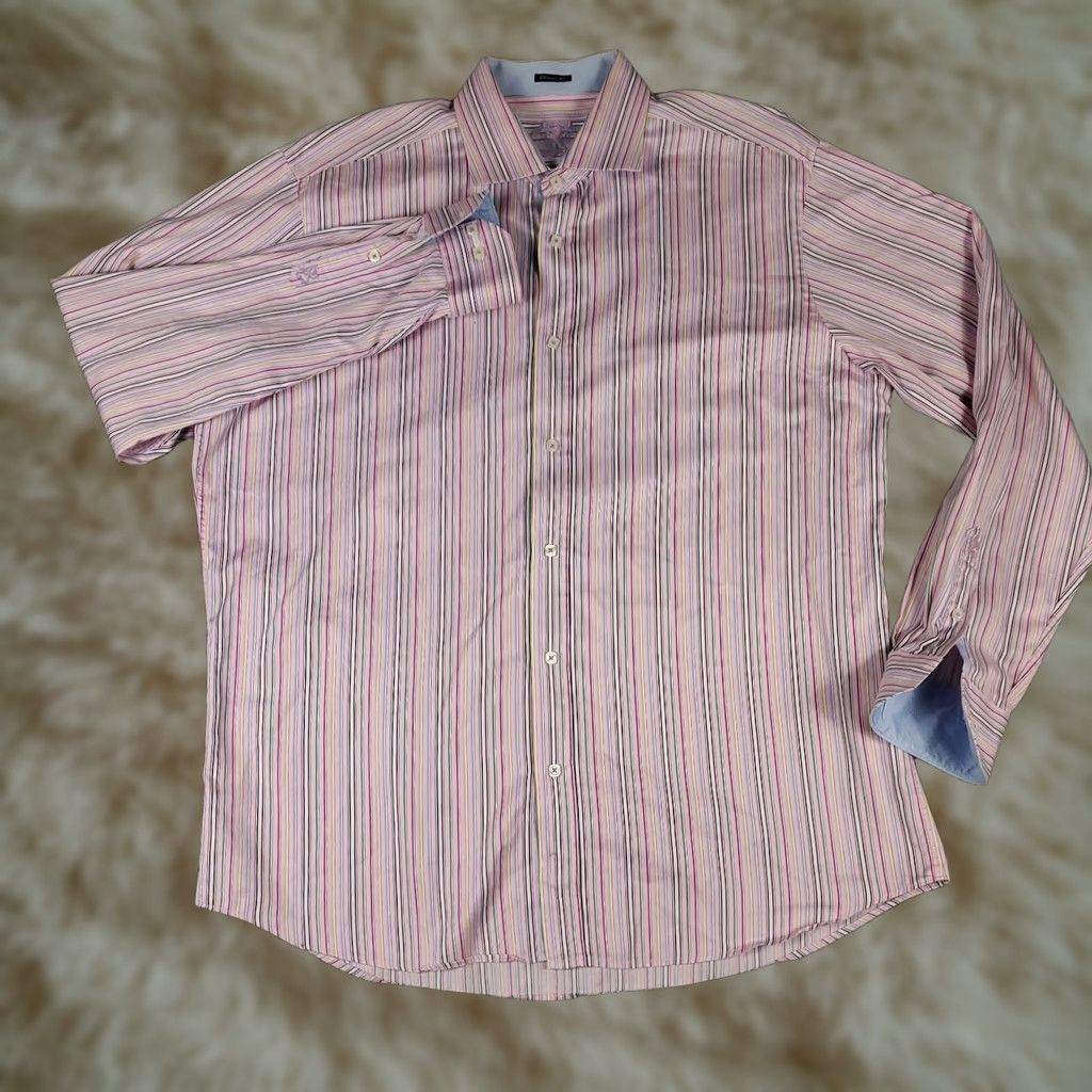 BUGATCHI Bugatchi Shirt Mens XL Pink Striped Button-Up Long Sleeve Regular Fit Vintage No Size US XL / EU 56 / 4 - 1 Thumbnail